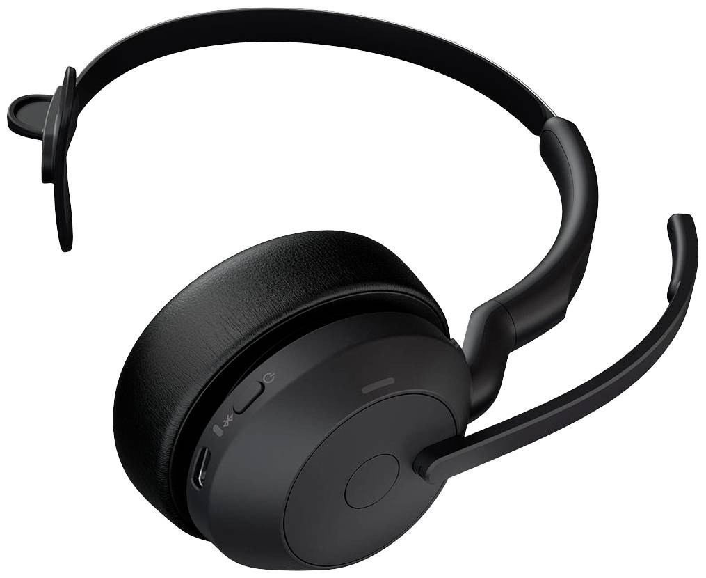 Ett svart, trådlöst headset med mikrofon och öronkuddar. Det har reglage på sidan. Lämpligt för samtal och musik.