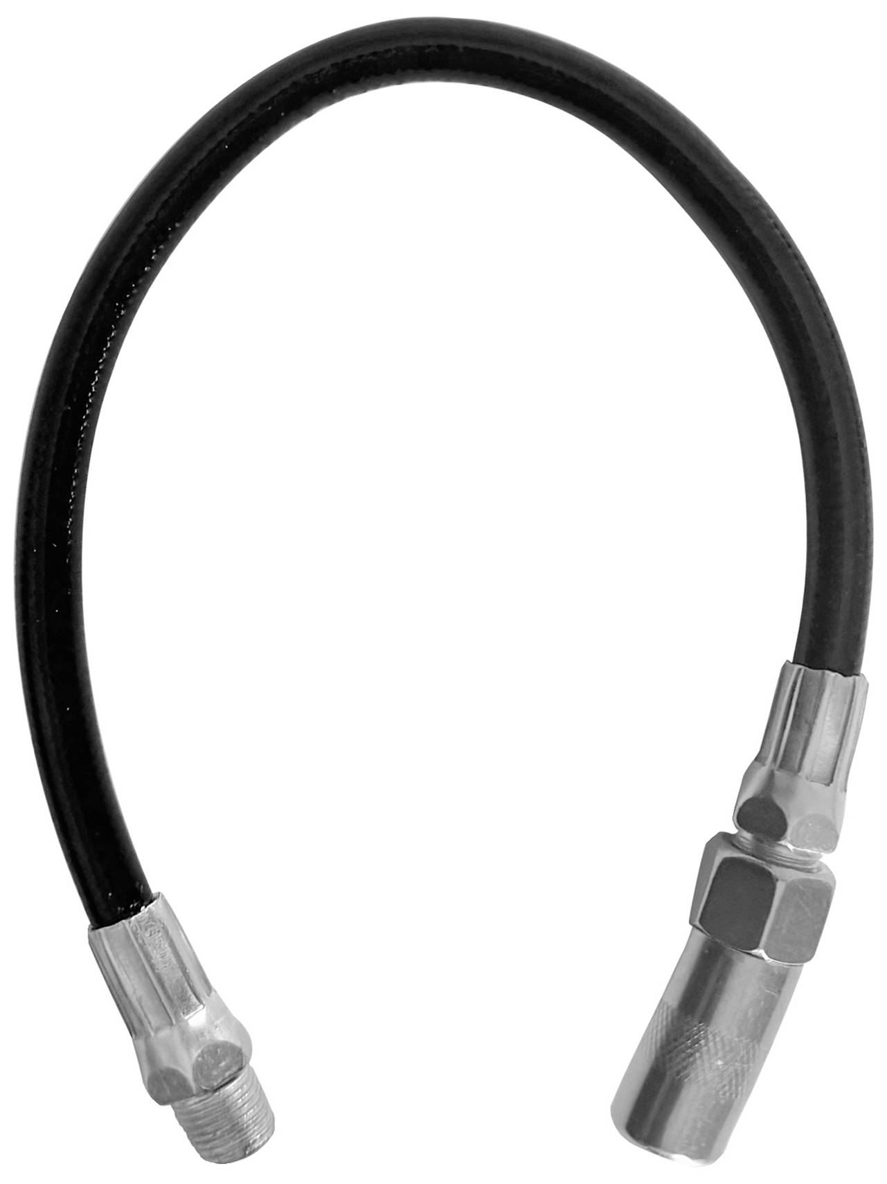 En flexibel svart slang med metallanslutningar i båda ändar. Möjligen en del av ett hydrauliskt eller pneumatiskt system.
