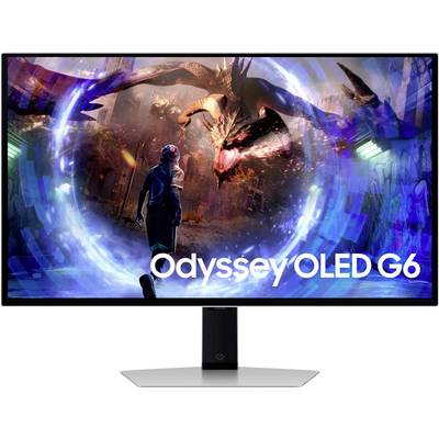 En skärm visar en bild från ett videospel: En människa strider mot en stor, flygande drake i en stad. Text: 'Odyssey OLED G6'.