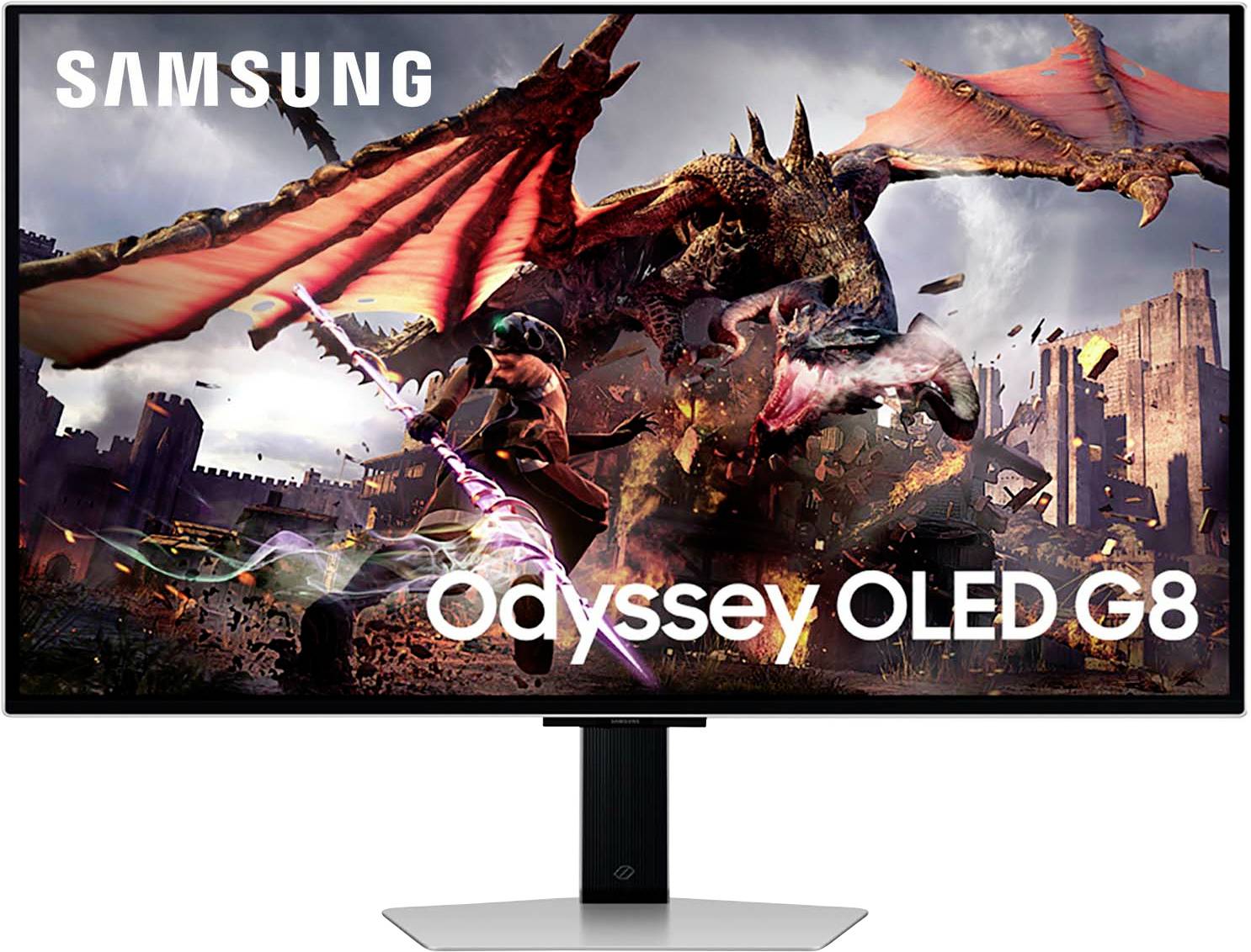 En fantasy-drake slåss mot en krigarei en borglandskap. I förgrunden står texten 'Odyssey OLED G8' bredvid Samsung-logotypen.