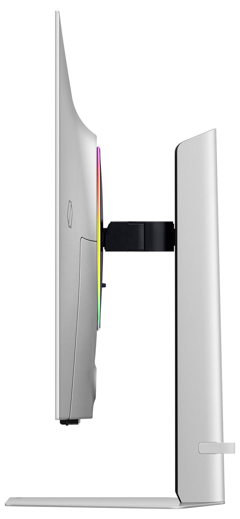 En ultrathin, silverfärgad datorskärm sedd från sidan. Skärmen står på ett stabilt, rektangulärt stativ.