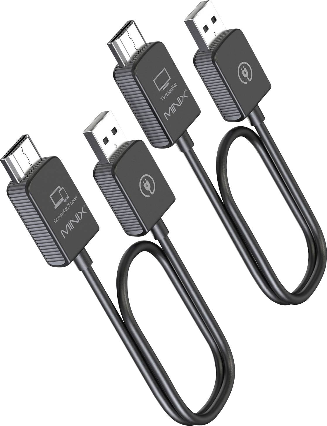 Två svarta USB- och HDMI-kablar med rektangulära kontakter och varumärkeslogotyper. De är placerade bredvid varandra.