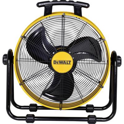 En gul och svart luftcirkulationsfläkt med tre vingar, omgiven av ett skyddsgaller. Varumärket 'DEWALT' i mitten.