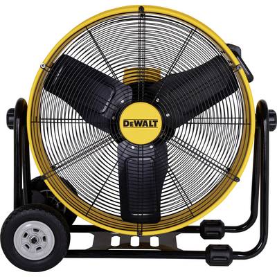 Gul och svart DEWALT industriell golvfläkt på ett hjulet ställ, visat framifrån på en vit bakgrund.