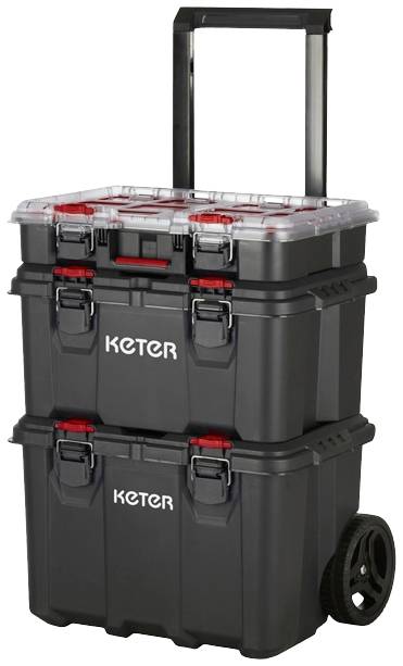 En bärbar verktygslåda på hjul med två staplingsbara fack och ett utdragbart handtag, märke "Keter", robust design.