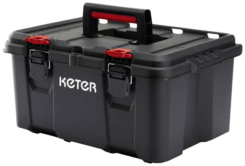 Svart verktygslåda med rött handtag och två röda låsningar, med den vita logotypen 'Keter' på framsidan.