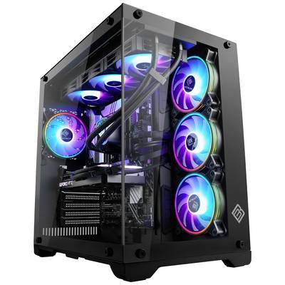 En spelddator med ett glasat hölje som visar flera fläktar med färgglada RGB-LED-lampor. Grafikkort och vattenkylning är synliga.