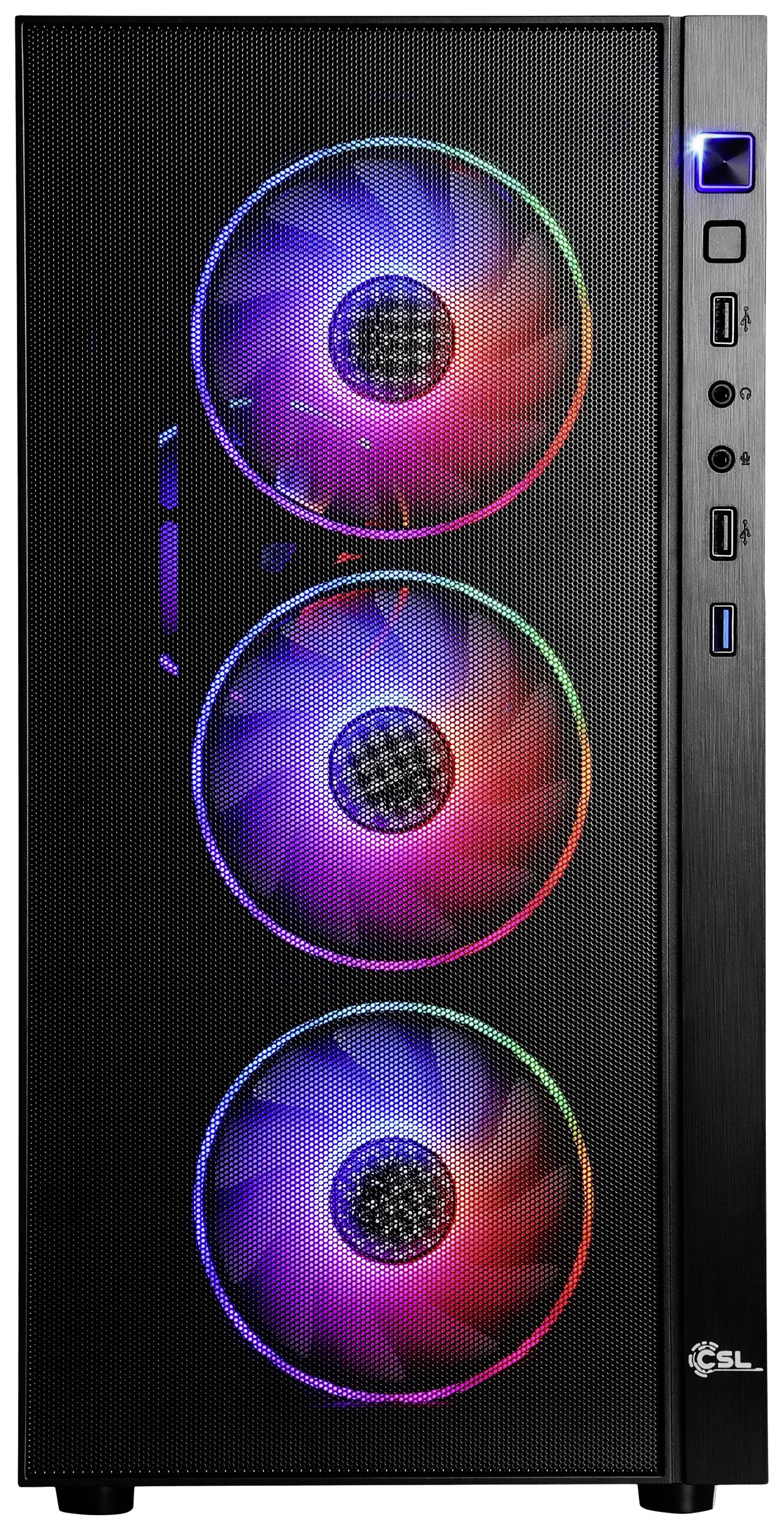 Svart datorhölje med tre lysande RGB-fläktar på framsidan och flera anslutningar på höger sida.