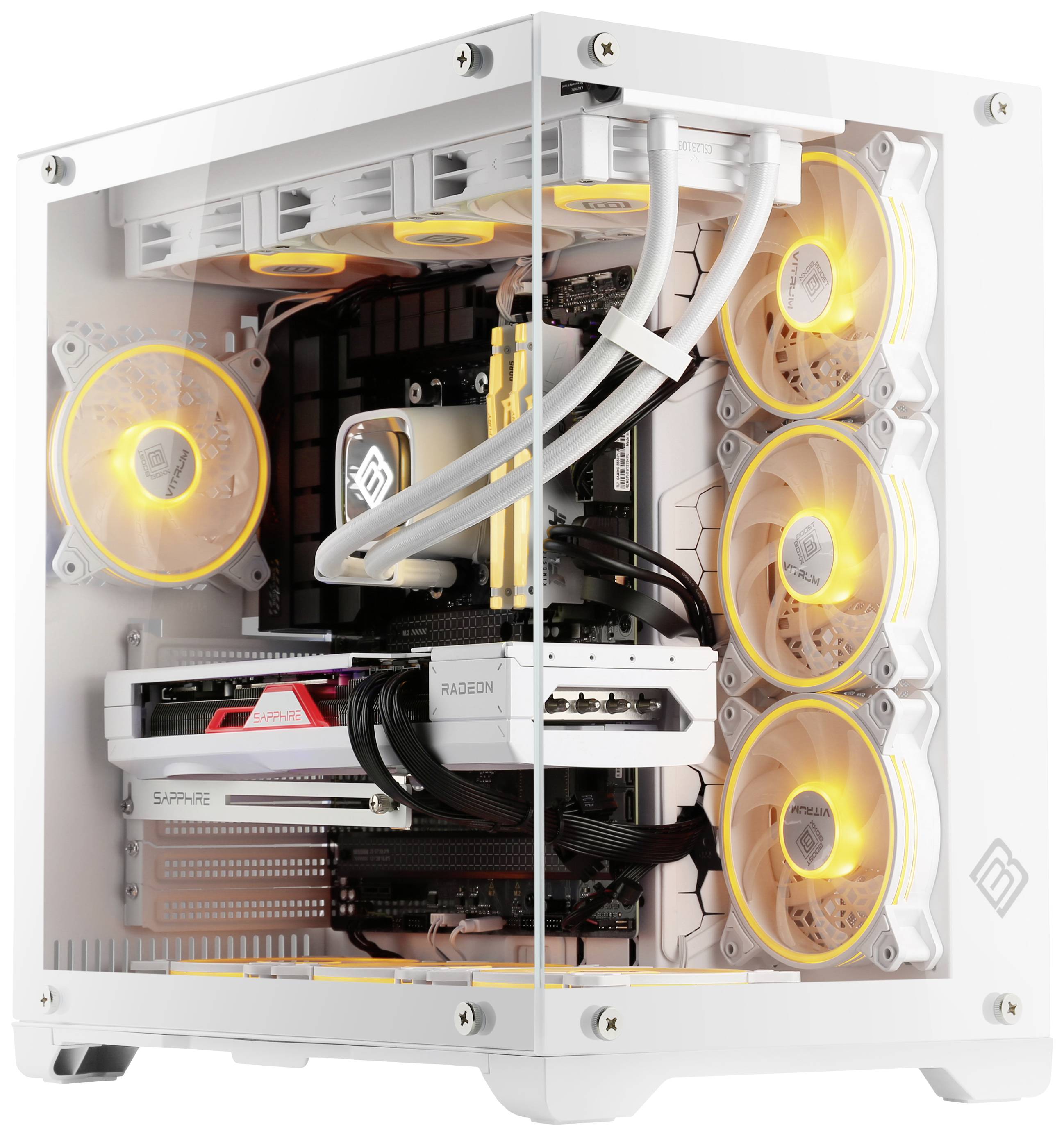 En elegant, genomskinlig dator med belysta fläktar och moderna komponenter. Perfekt för gaming eller kraftfulla tillämpningar.