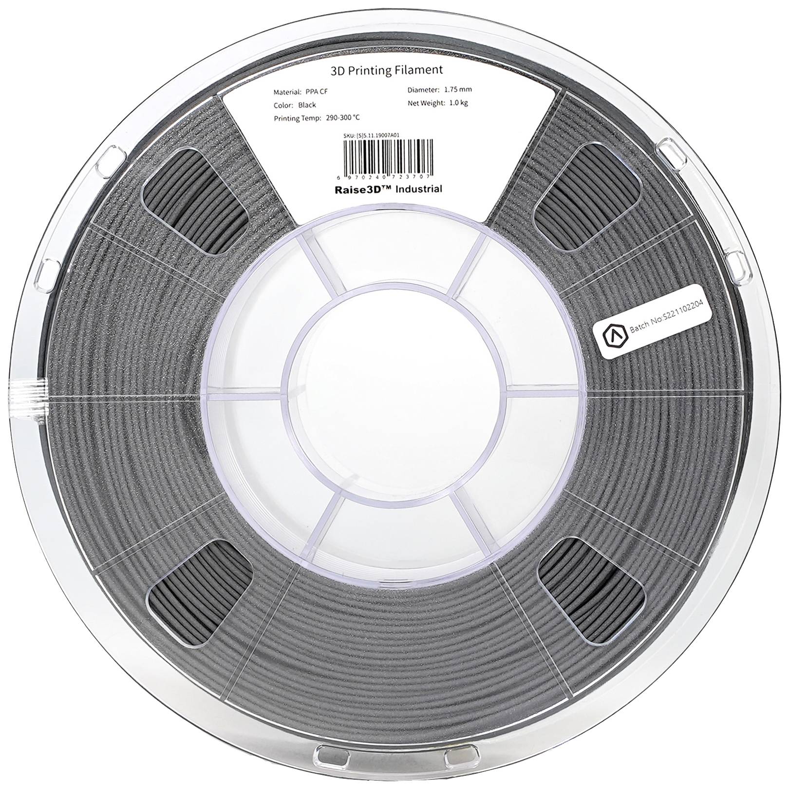 Svart filamentrulle för 3D-skrivare, Material: PLA, Diameter: 1,75 mm, Vikt: 1 kg, Utskriftstemperatur: 200-230 °C.