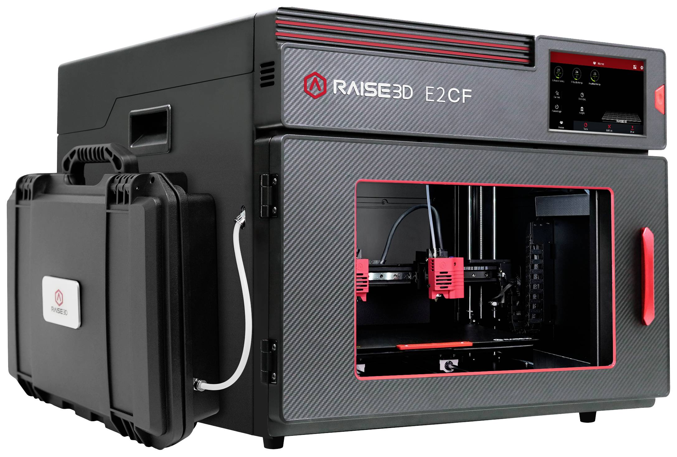 En Raise3D E2CF 3D-skrivare med svart hölje och röda accenter. Synlig tryckkammare med rörligt printerhuvud.