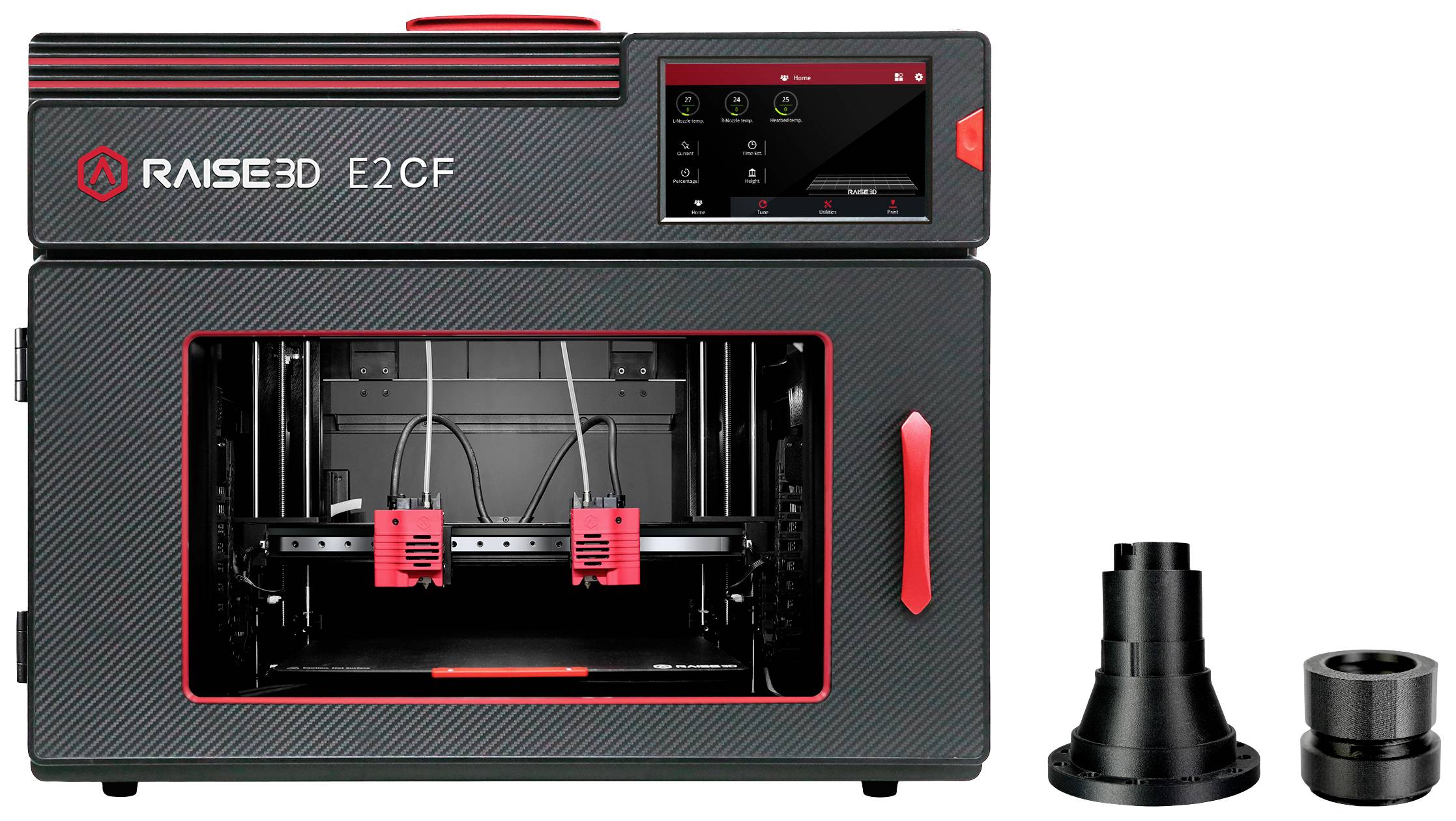 En 3D-skrivare av märket Raise3D E2CF med kolfiberdesign, öppen byggplattform och tillhörande svarta tillbehörsdelar bredvid till höger.