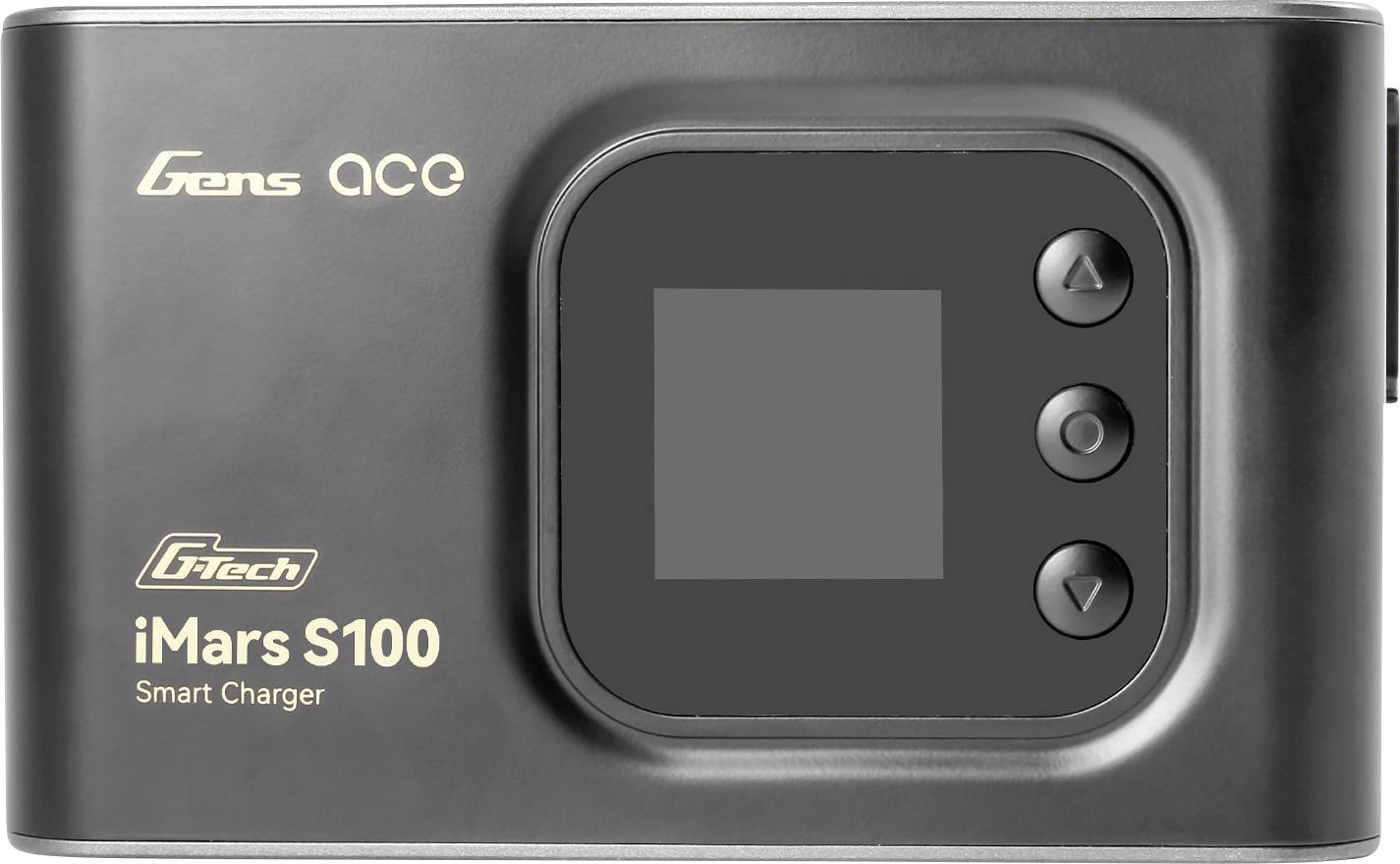 Svart-grå iMars S100 Smart Charger med liten skärm och tre knappar. Gens Ace och G-Tech logotyper längst upp till vänster.