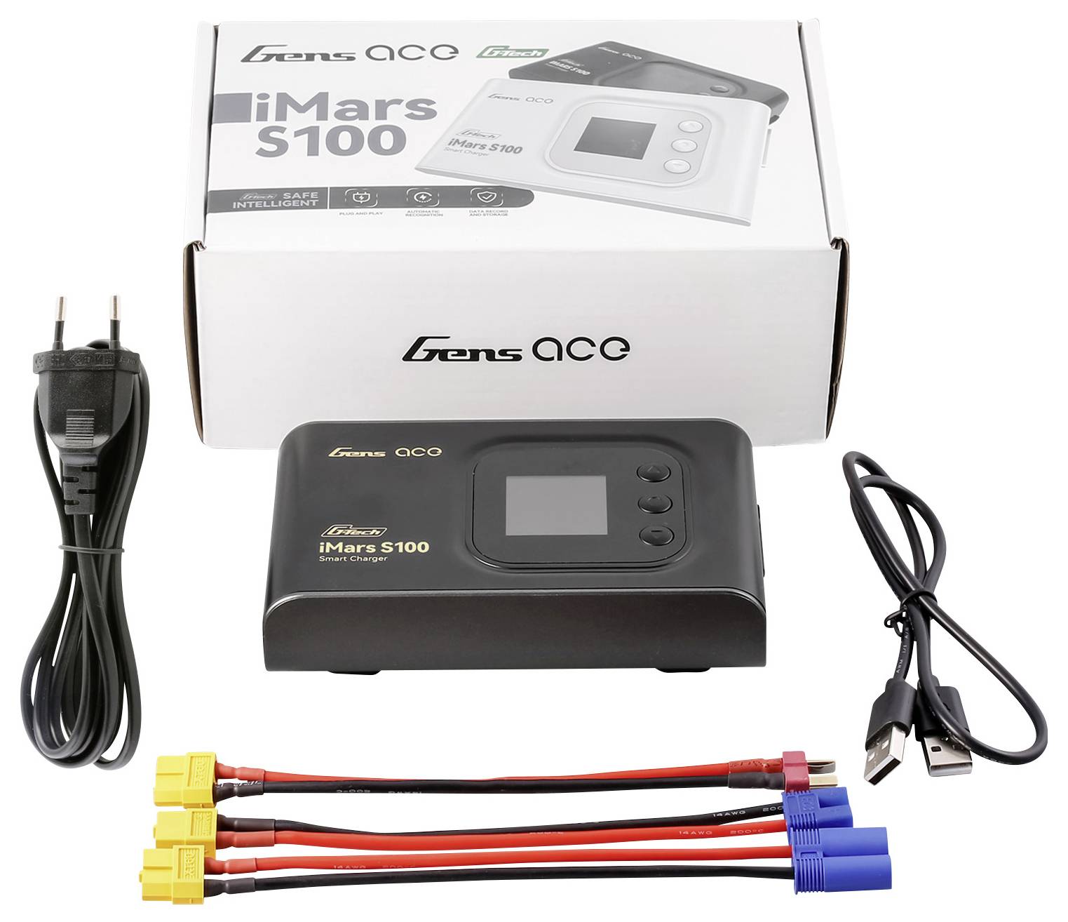 Laddare iMars S100 från Gens Ace: Innehåller enheten, nätkabel, laddningskabel och USB-kabel. Förpackning i bakgrunden.
