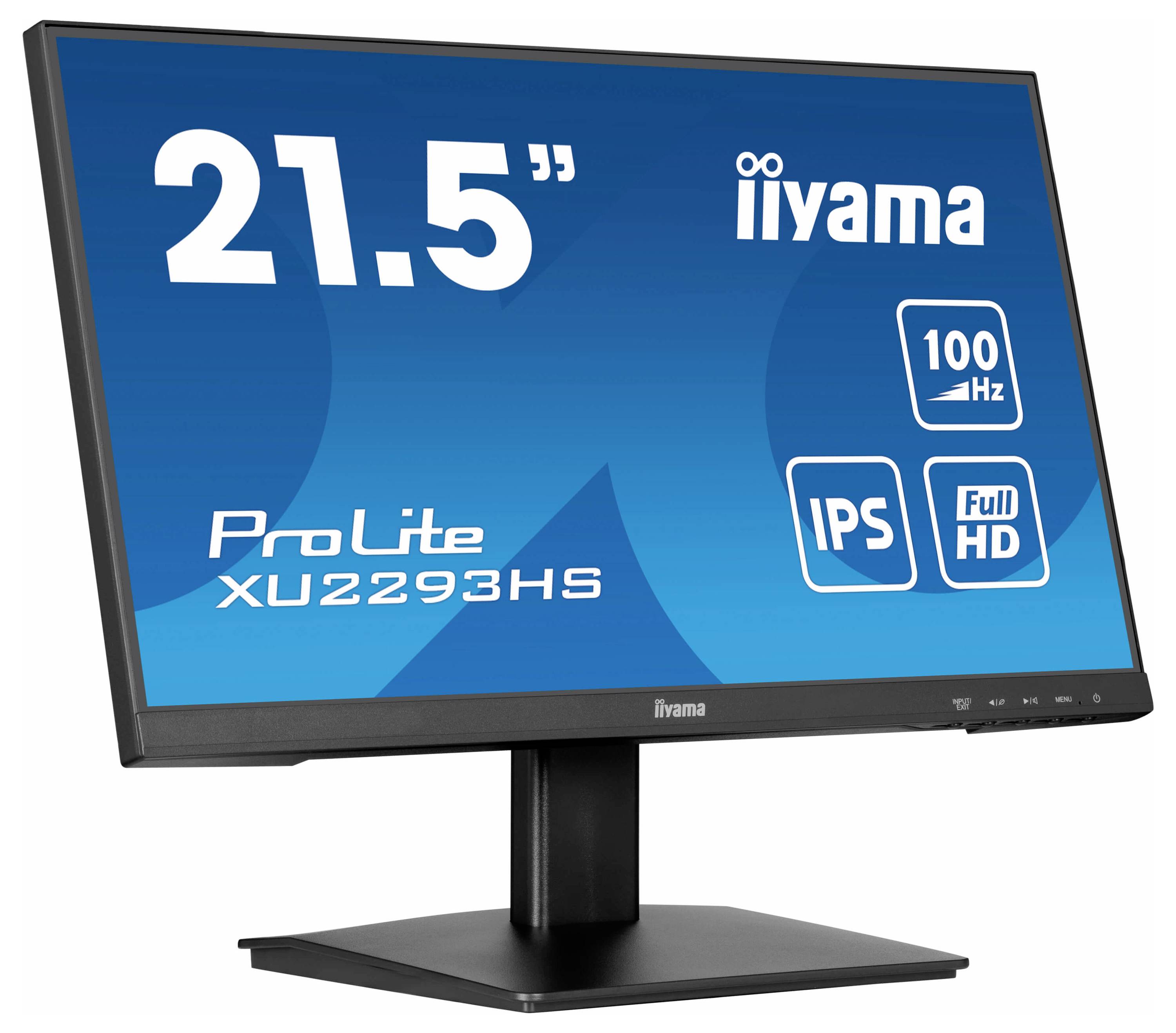 En 21,5-tums monitor från iiyama, modell ProLite XU2293HS. Egenskaper: 100 Hz, IPS-panel, Full HD. Skärmen visar tekniska detaljer.