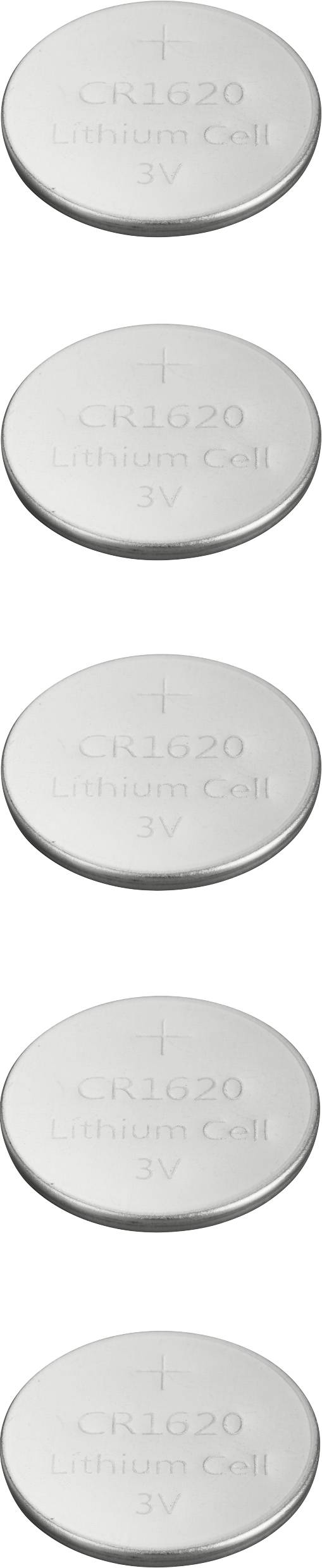 Fem silvermetallfärgade knappcellsbatterier av storleken CR1620, samtliga märkta med 'Lithium Cell 3V'.