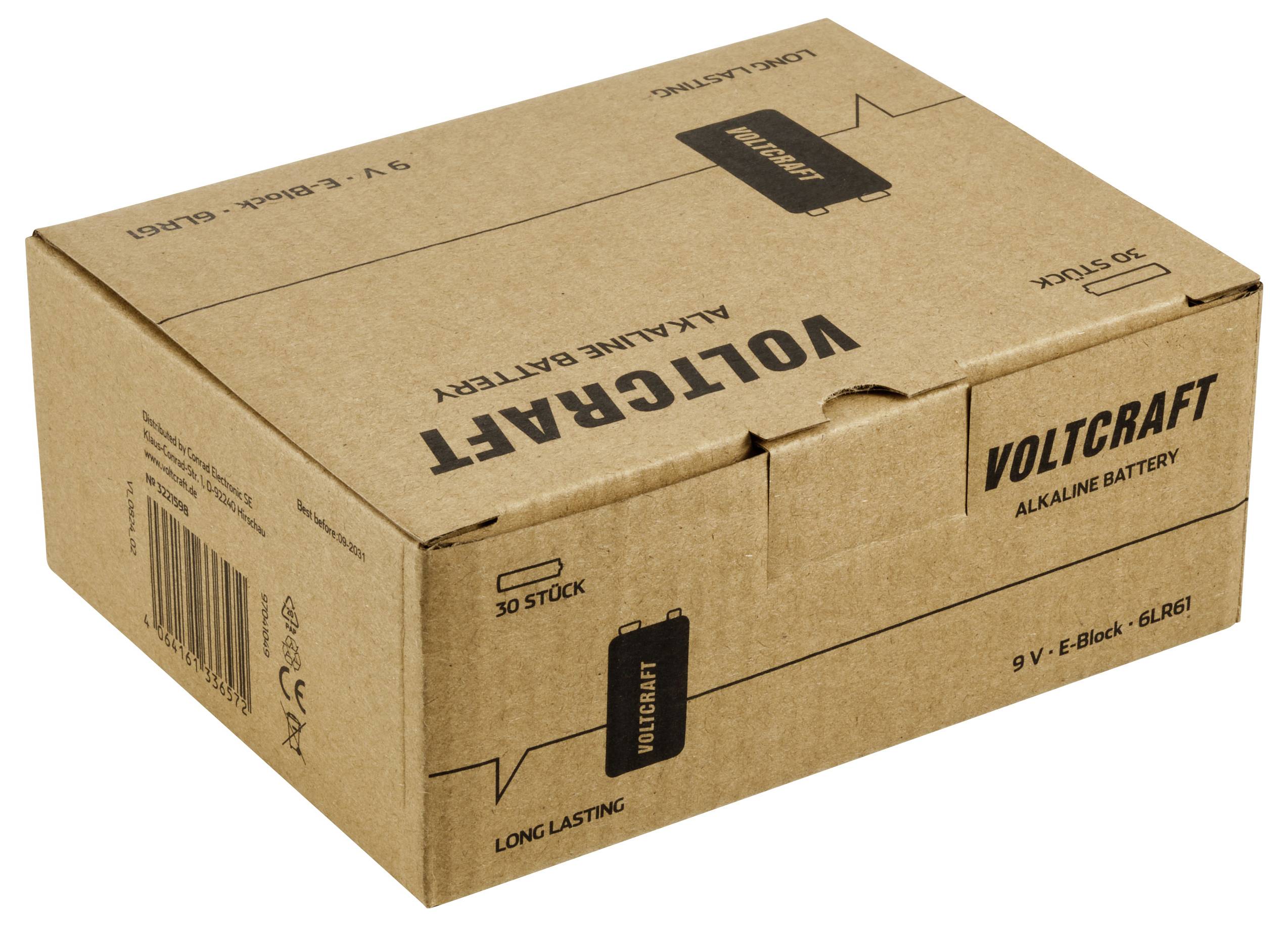 Pappkartong märkt 'Voltcraft Alkaline Battery'. Innehåller 9V-batterier. Varumärkes- och produktinformation på förpackningen.