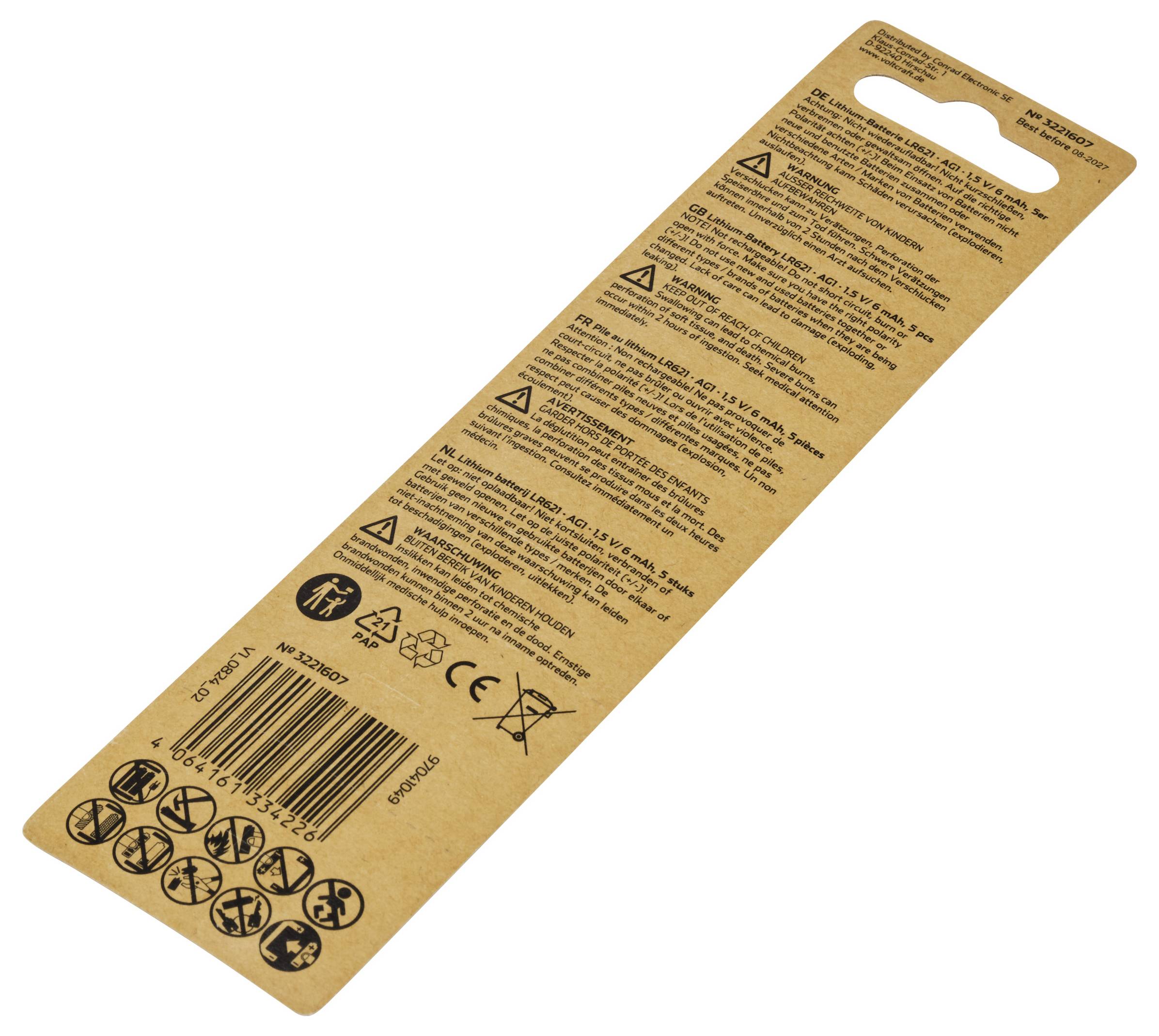 Baksida av en förpackning gjord av kartong med text på olika språk. Innehåller varningsmeddelanden och symboler för återvinning och användning.