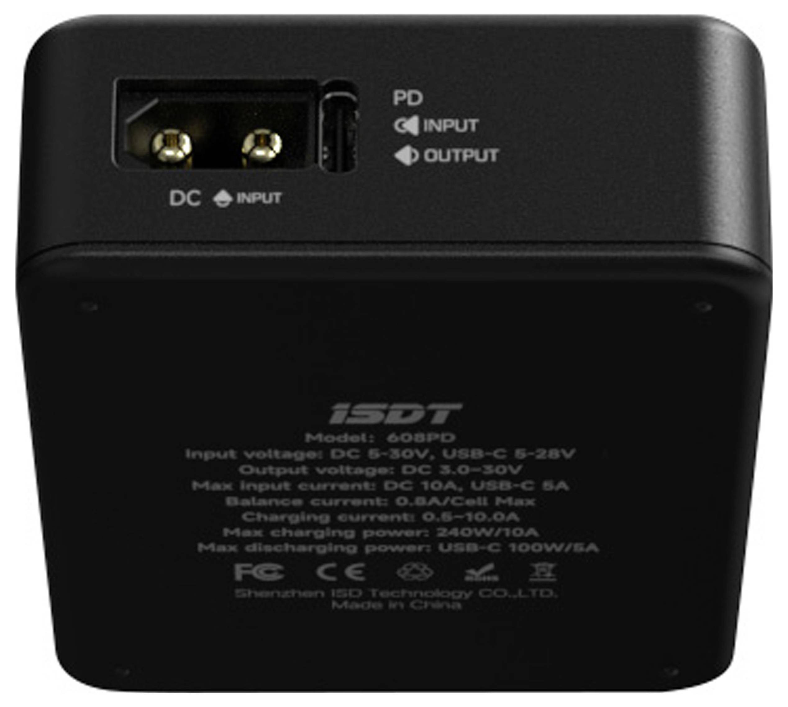 Svart laddare med flera anslutningar: DC-ingång, PD-ingång/utgång. Modell 608PD, stöder USB-C, max effekt 240W/10A.