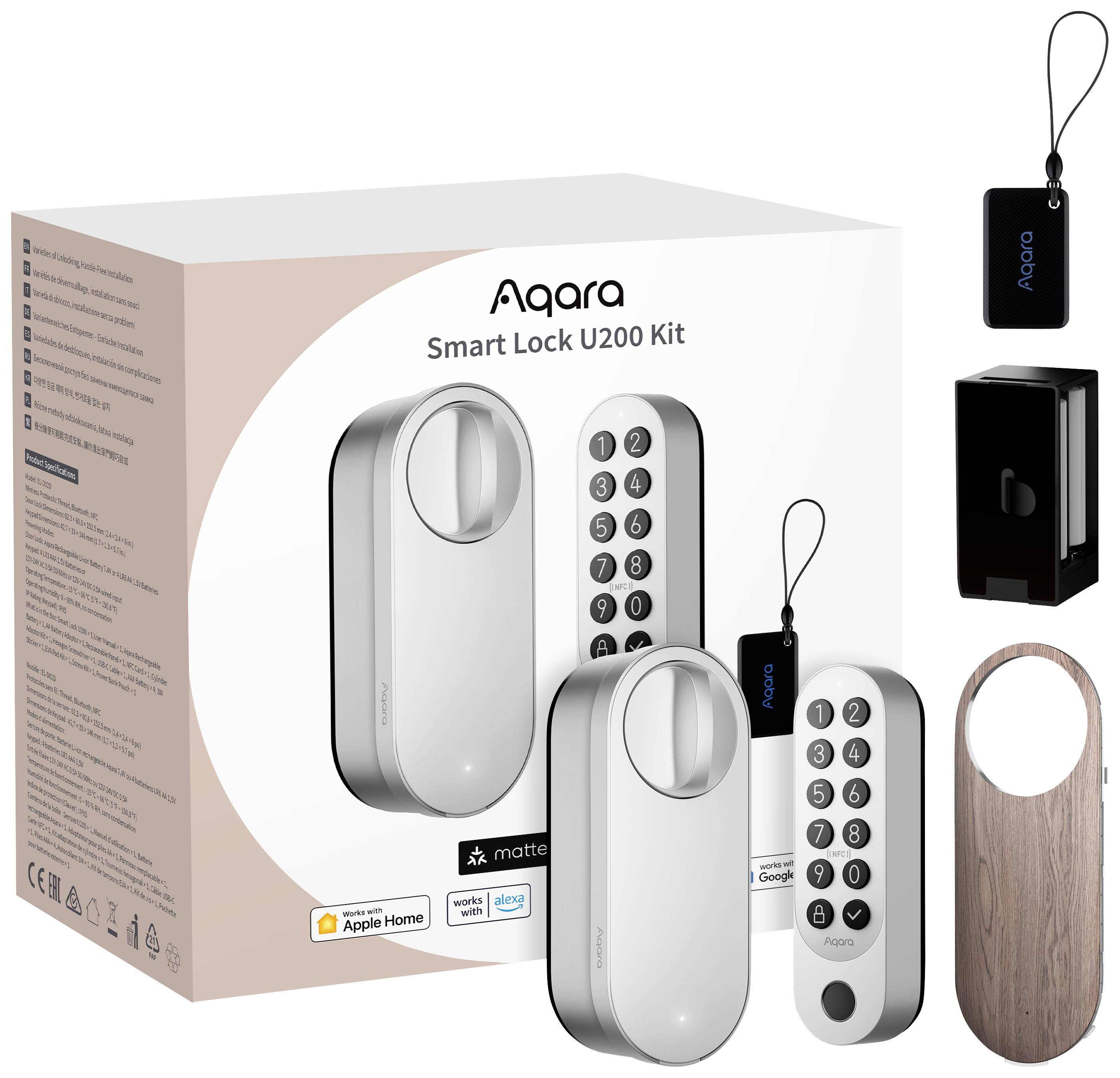 Smart Lock U200-set från Aqara med dörrlås, tangentbord, NFC-kort och träpanel. Stöder Apple Home.