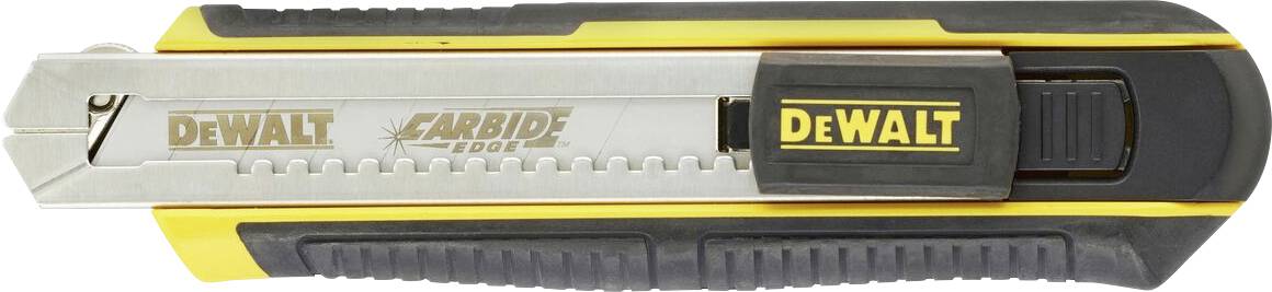 En gul-svart hobbykniv med DEWALT-logotyp, infällbart blad och räfflat grepp för bättre grepp.