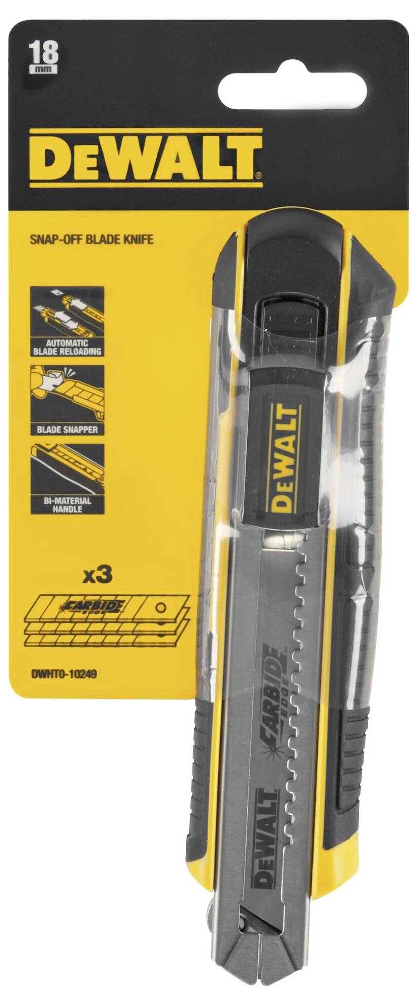 DeWALT avbrottsbladskniv med förpackning. Innehåller tre blad, svart-gul färgställning, ergonomisk design.