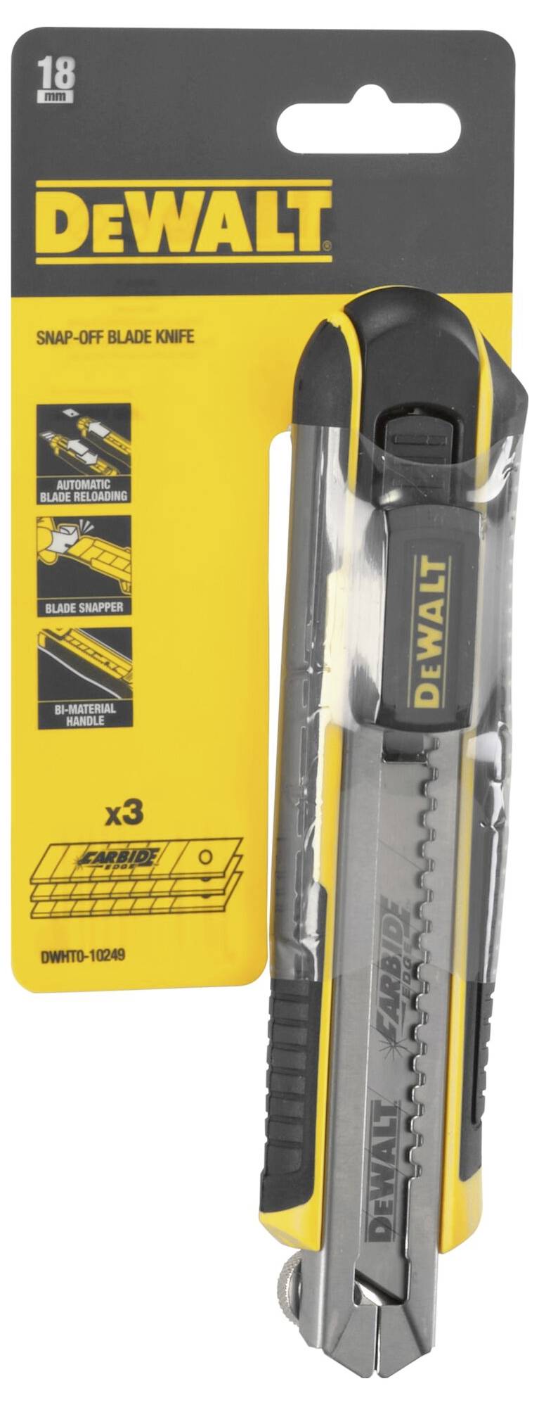 DEWALT Knäckknivar i en gul förpackning. Förpackningen visar knivens egenskaper och innehåller tre blad.