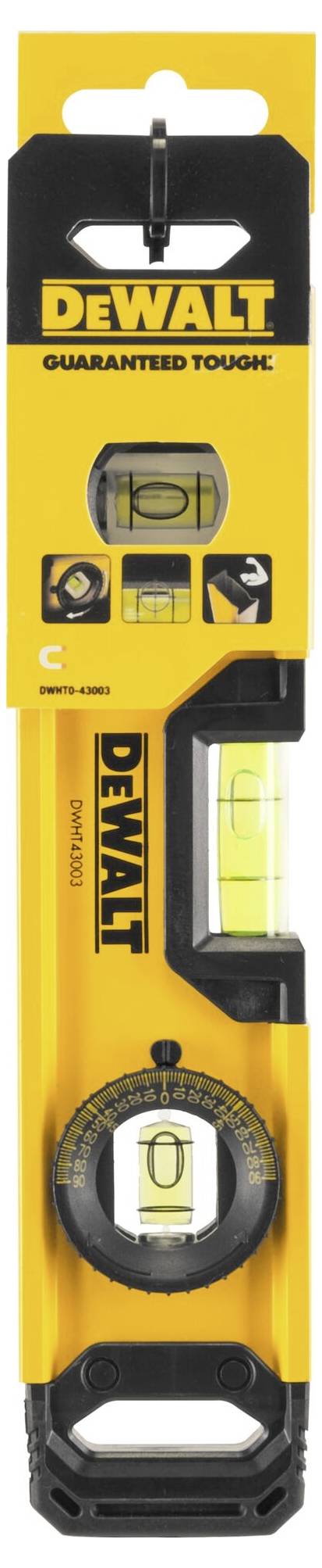 Vattenpass från Dewalt i gul förpackning med siktfönster för libellindikering, visar parallell och vinkelrät inriktning.