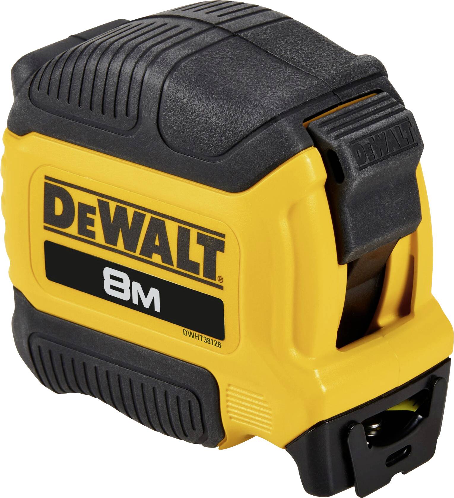 Gult och svart måttband från märket DeWalt, med 8 meters längd, robust design och lättläst skala på framsidan.