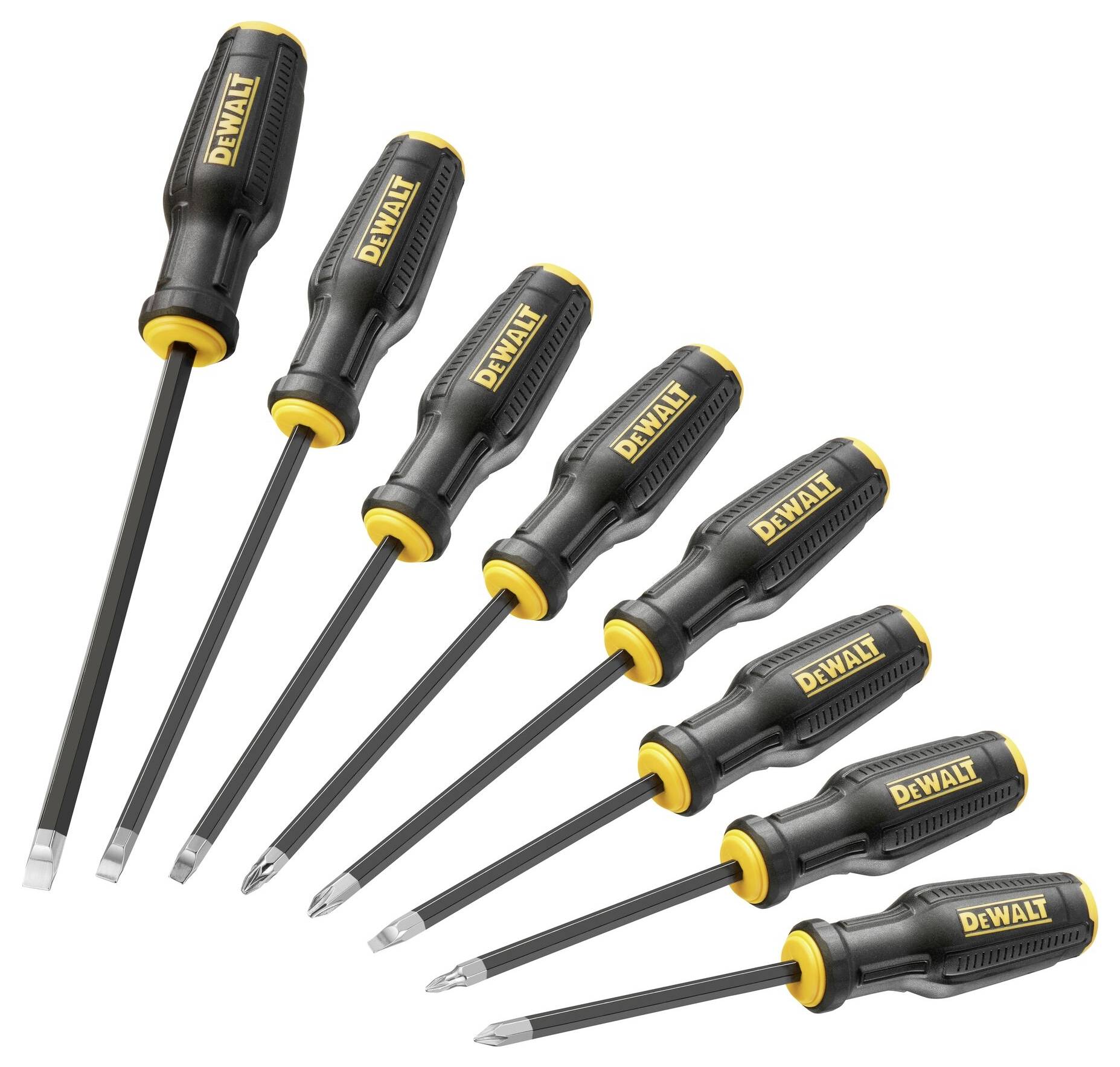 En set bestående av åtta Dewalt-skruvmejslar med svarta handtag och gula detaljer, i olika storlekar och huvuden för varierande användningsområden.
