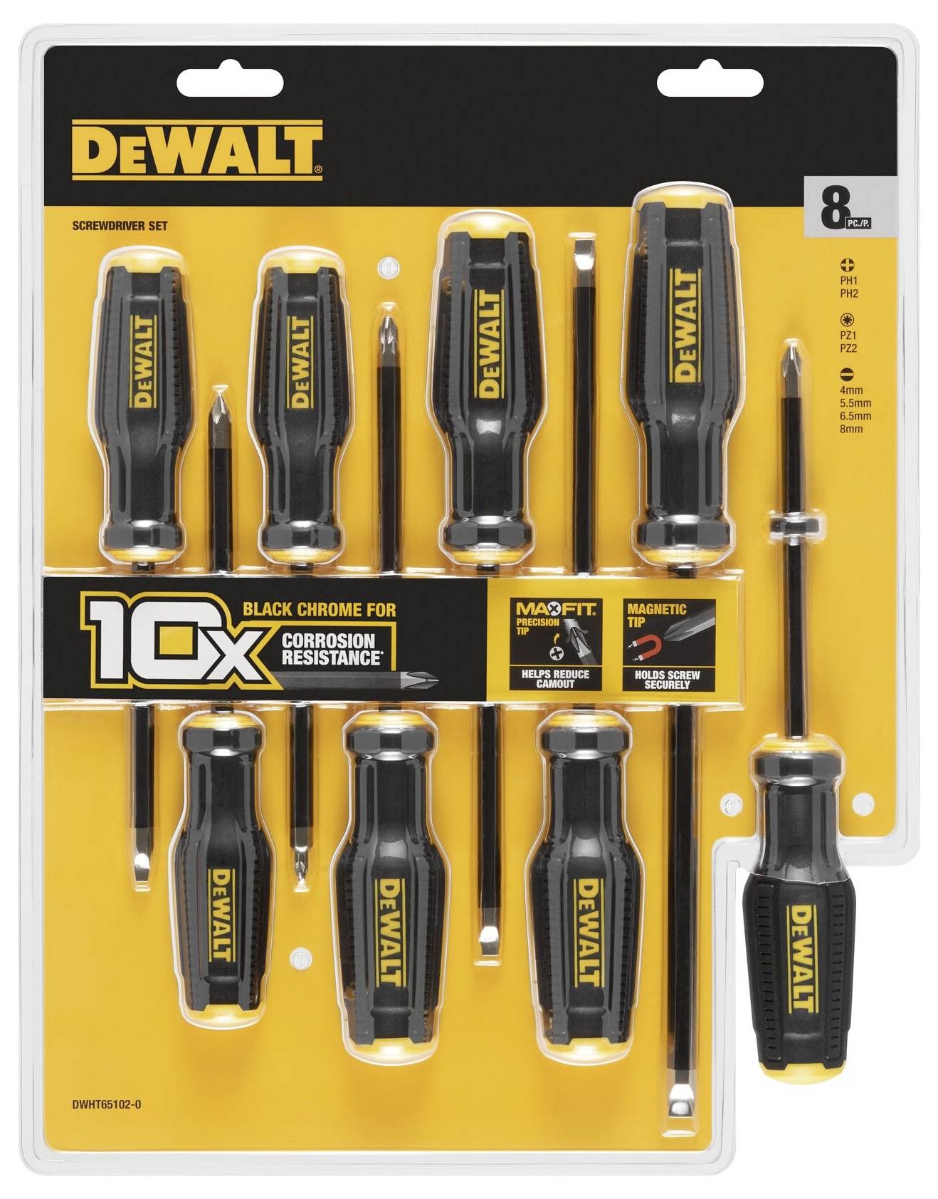 DeWalt skruvmejselsats, 8-delad, svart-krom med 10x korrosionsskydd, magnetisk. Innehåller olika skruvmejselstorlekar.