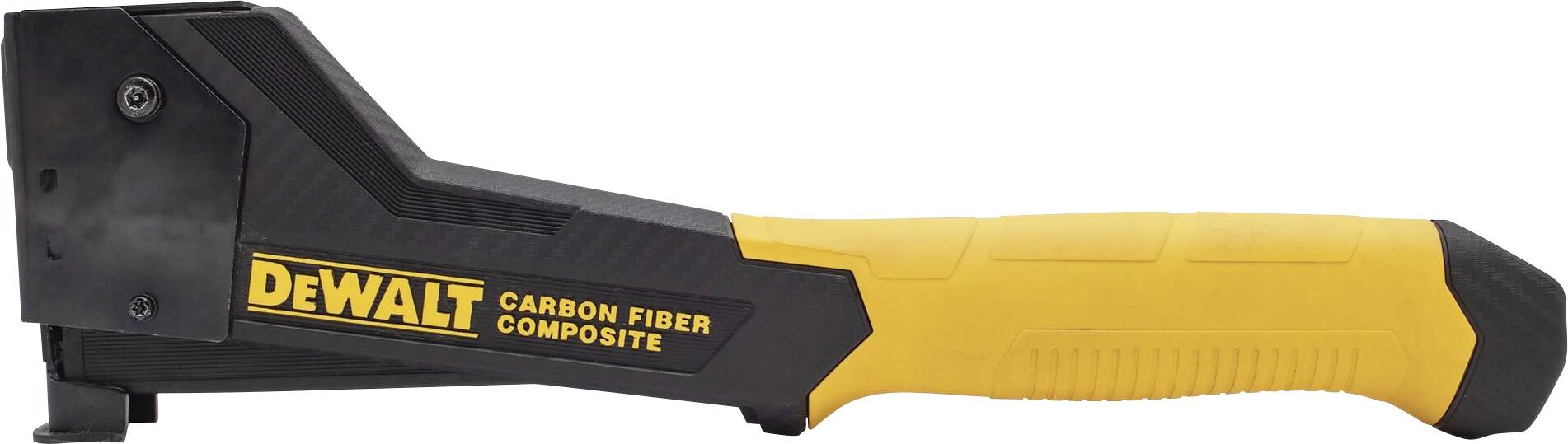 En gul och svart häftpistol med texten 'DEWALT Carbon Fiber Composite' på sidan, tillverkad huvudsakligen av kolfiber.