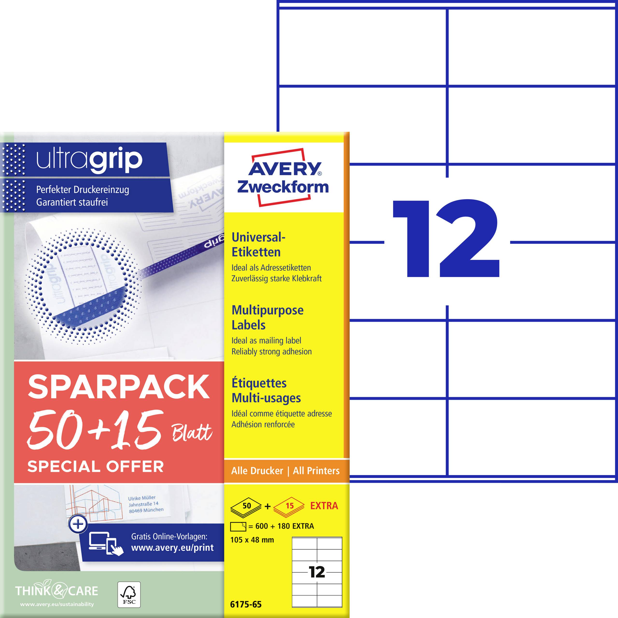 Produktförpackning för Avery Zweckform UltraGrip universella flersändamålsetiketter, visande en 12-etikettarks layout och ett "Sparpack 50+15 Blatt" specialerbjudande.