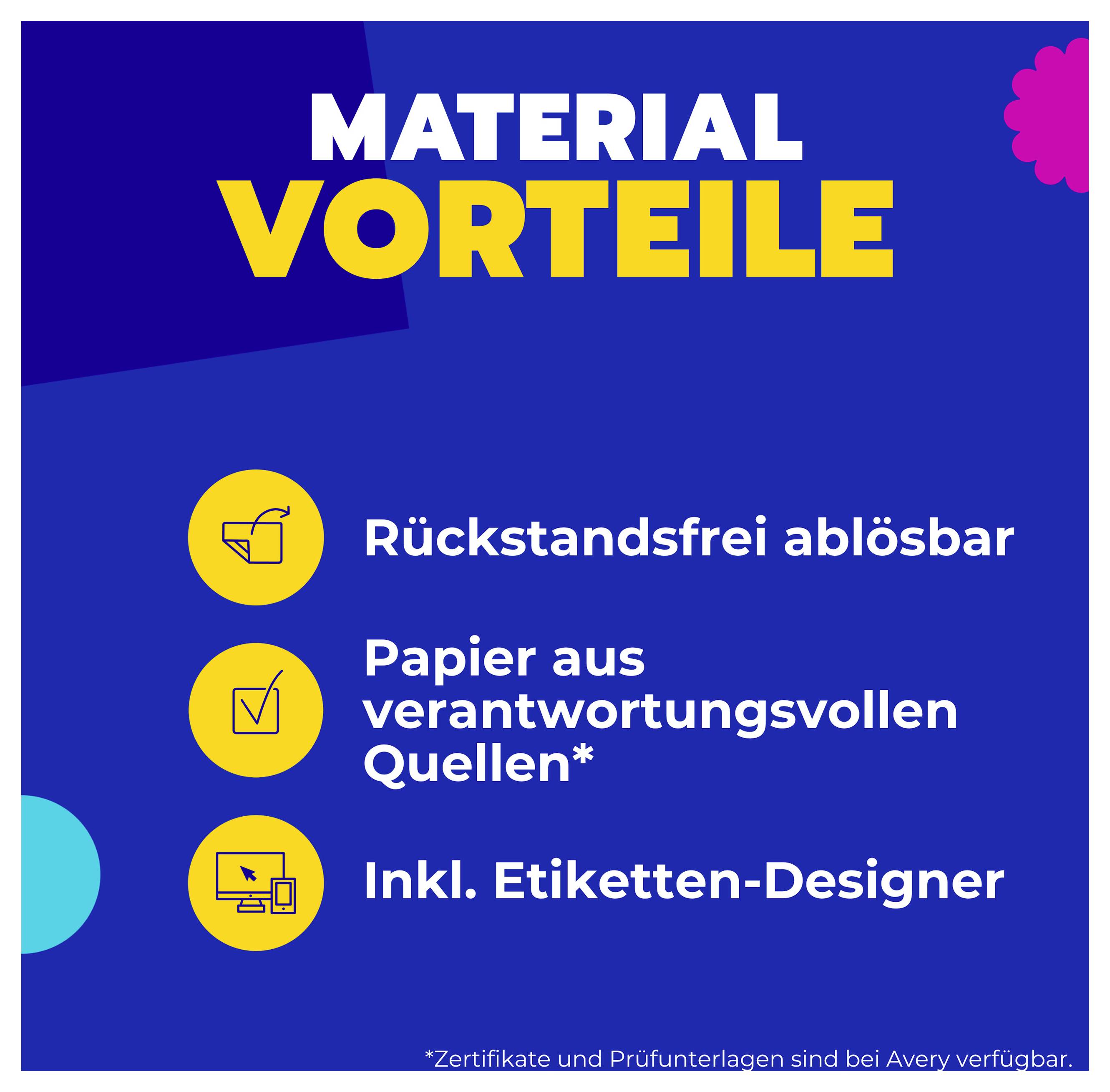 Reklamgrafik med titeln "Materialfördelar": avlägsnades utan kvarstående lämningar, papper från ansvarsfulla källor och inkluderad etikettdesigner.