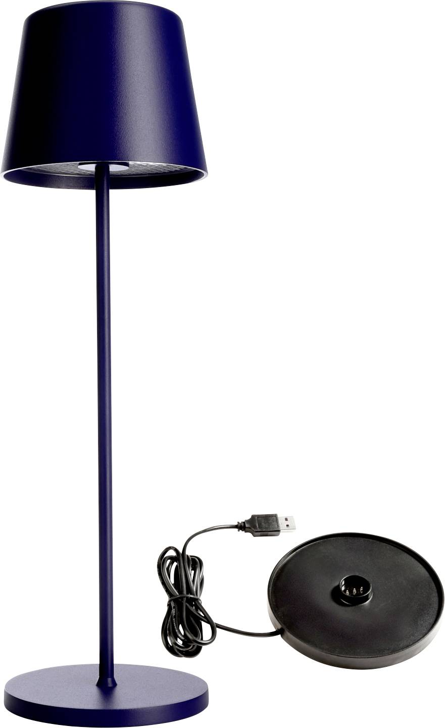 En smal, mörkblå golvlampa med USB-laddkabel och rund bas. Lämplig för moderna bostäder eller kontor.
