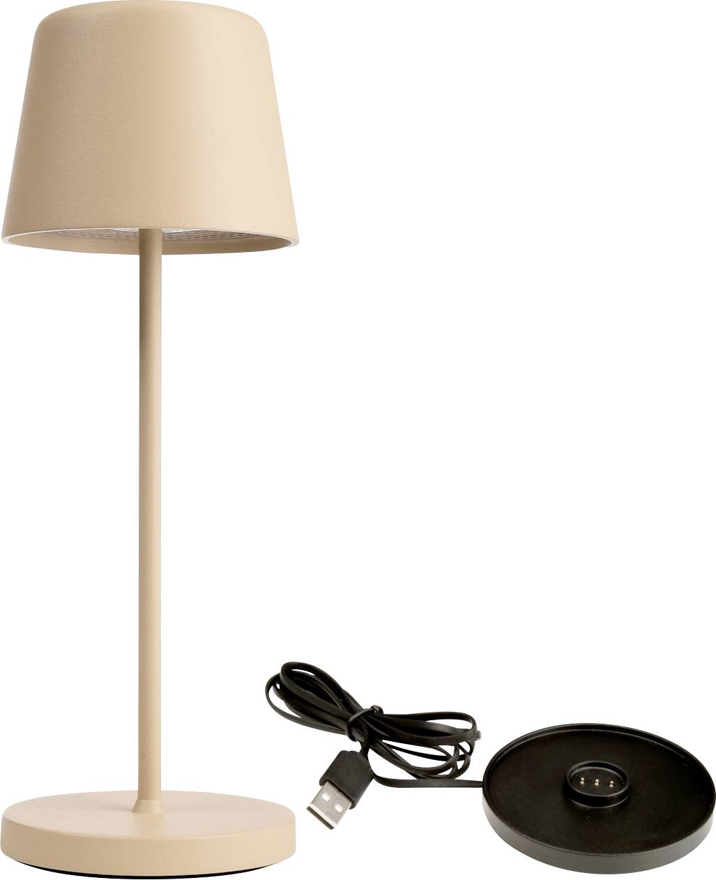 En enkel, beige bordslampa med en cylinderformad skärm står bredvid en svart laddningsstation med USB-port.