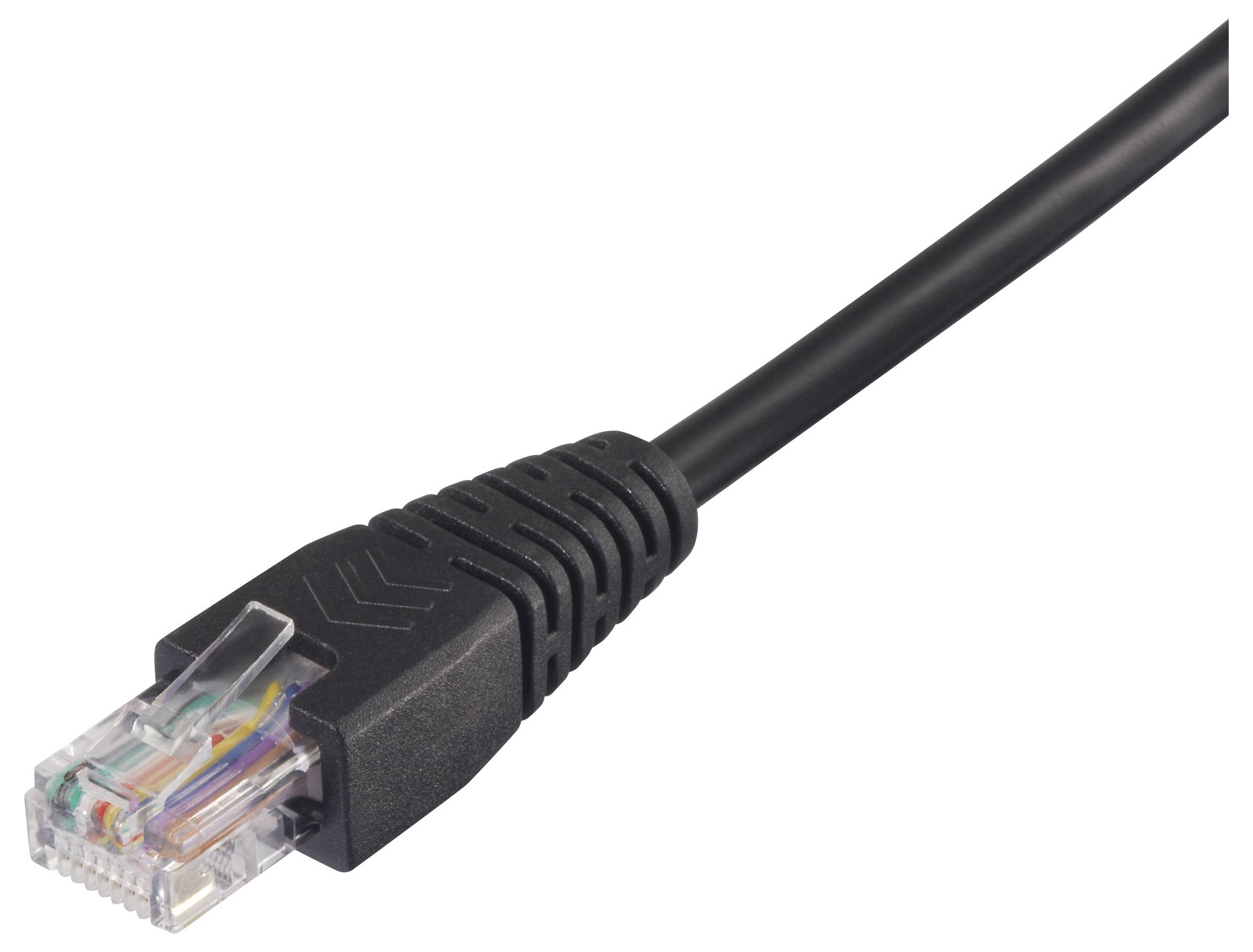 Ett svart Ethernet-kabel med en transparent RJ45-kontakt, använt för nätverksanslutningar och dataöverföring.