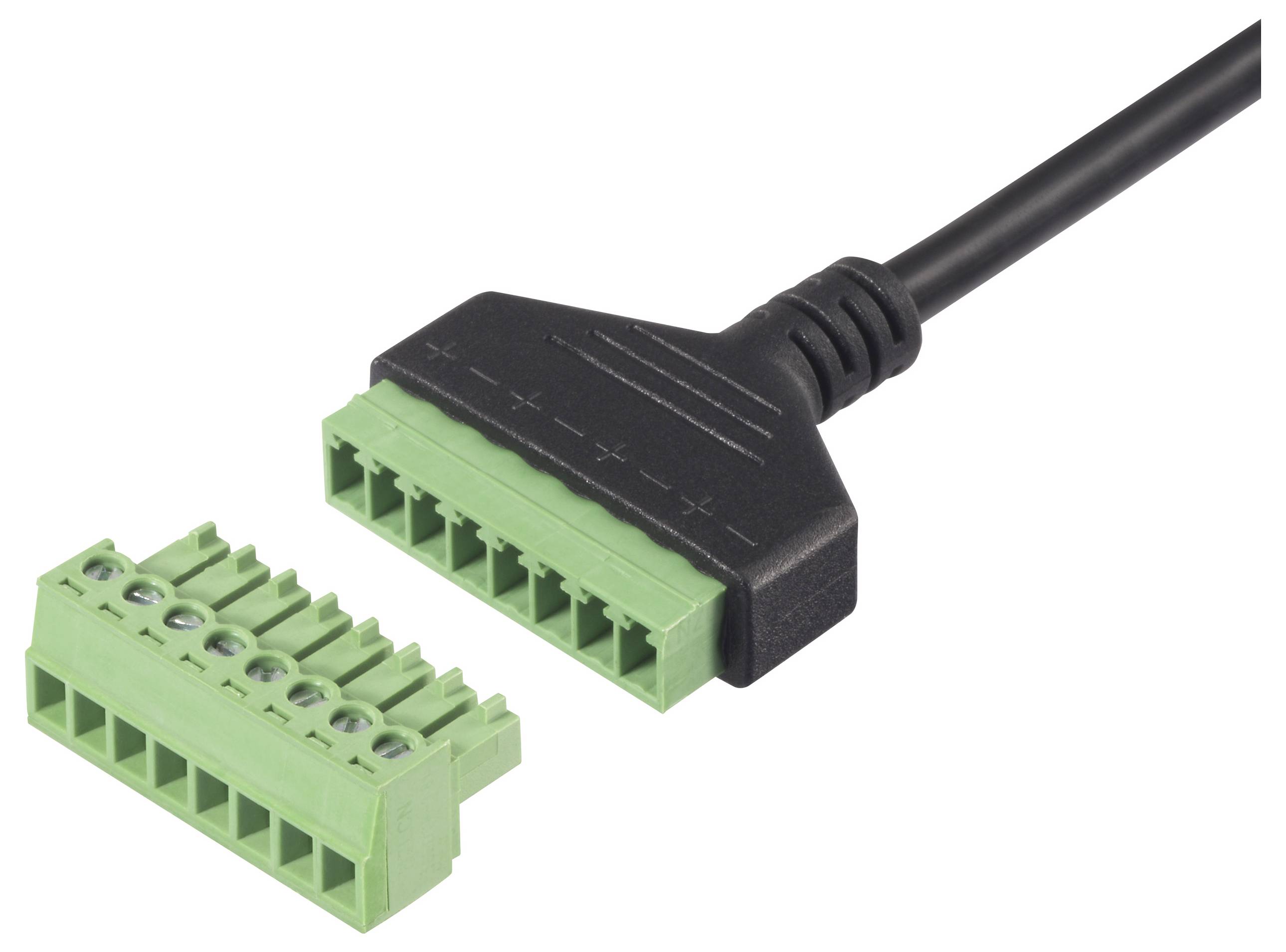 Grön kontaktdon med skruvklämmor. Svart kabel med matchande kontaktansats. Används för elektriska anslutningar.
