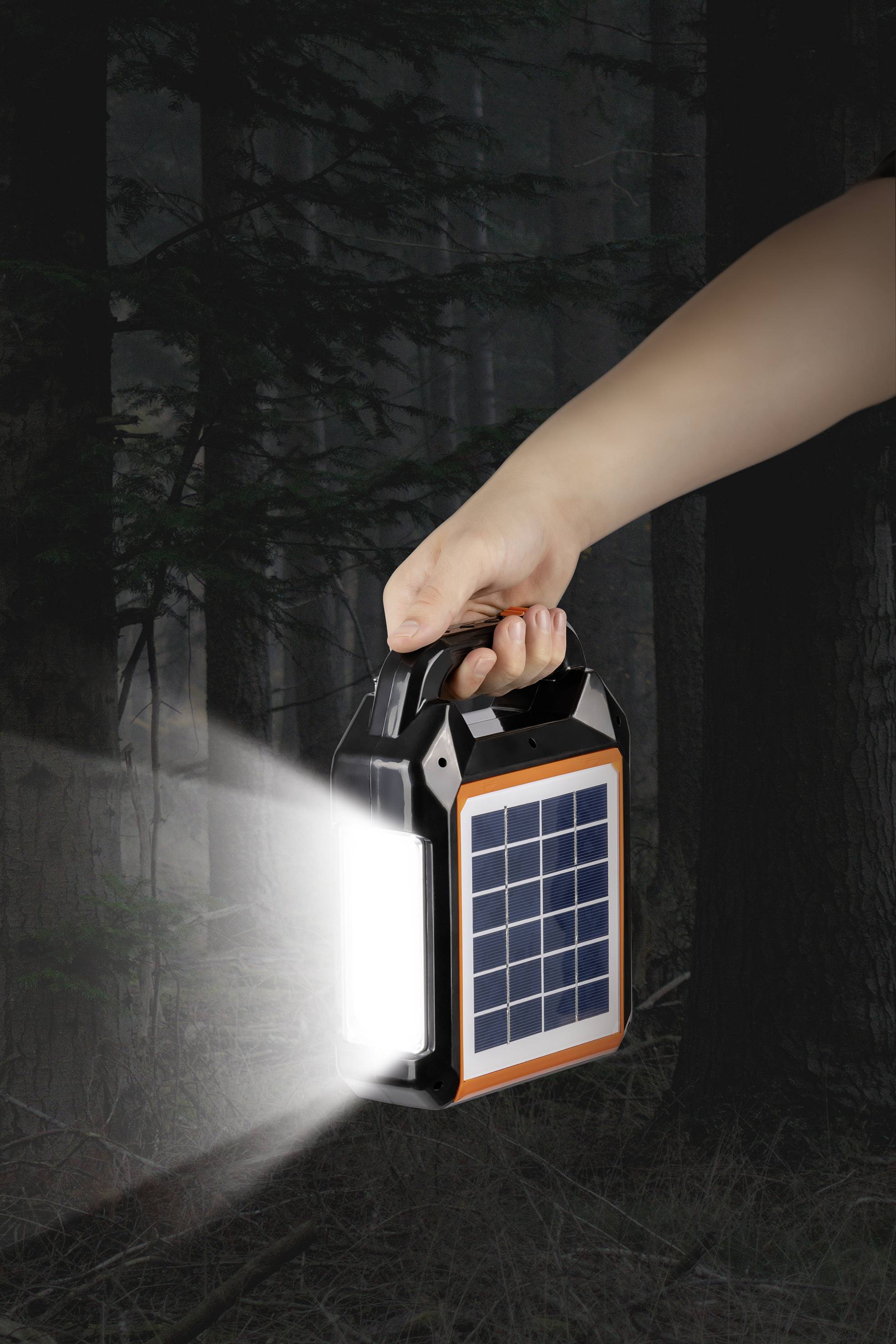 En hand håller en sollampa som lyser upp den mörka skogen. Lampan har en solpanel på sidan och kastar en stark ljusstråle.