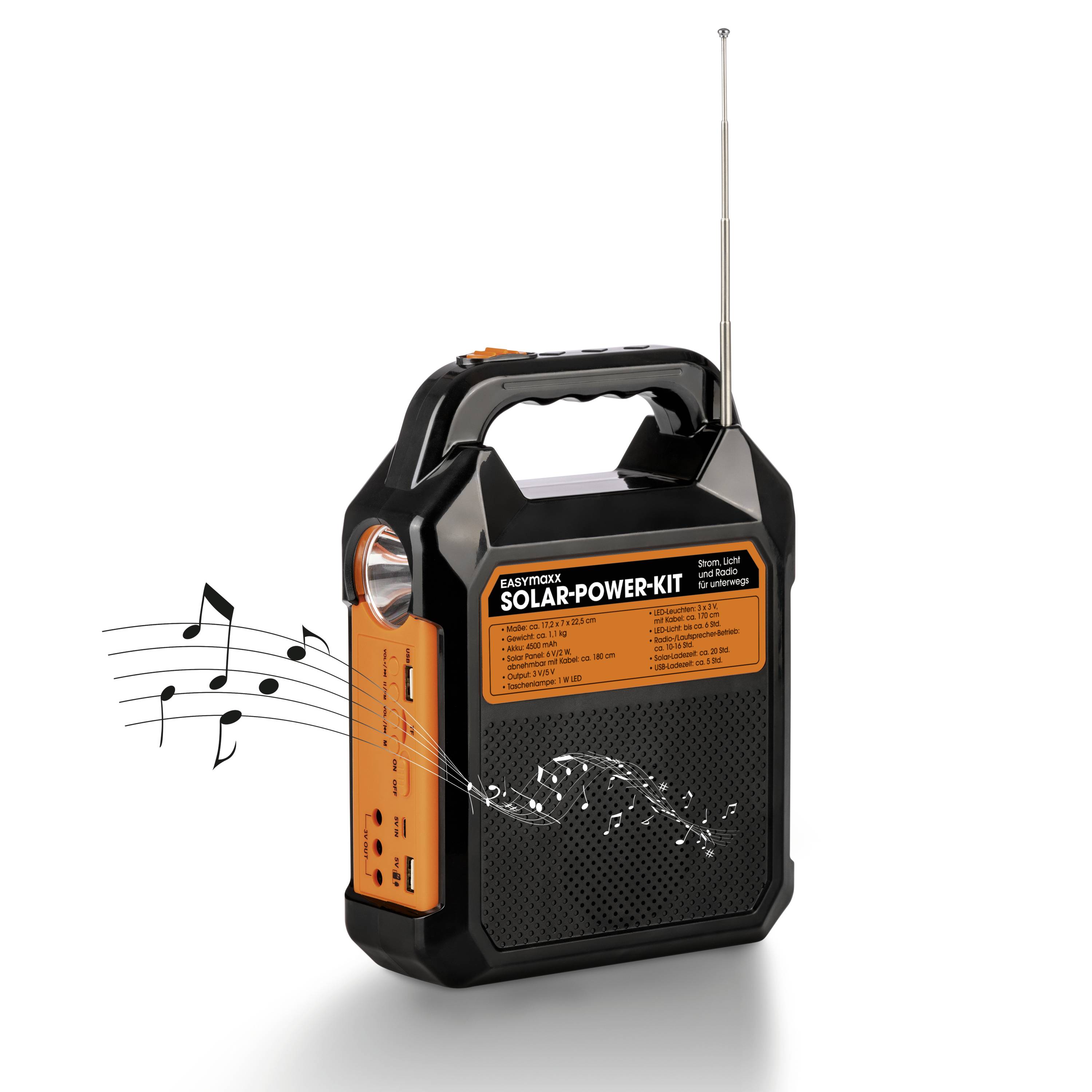 Bärbar solcellsdriven kit med inbyggd radio, svart hölje med orangea accenter, utdragbar antenn och musiknoter.