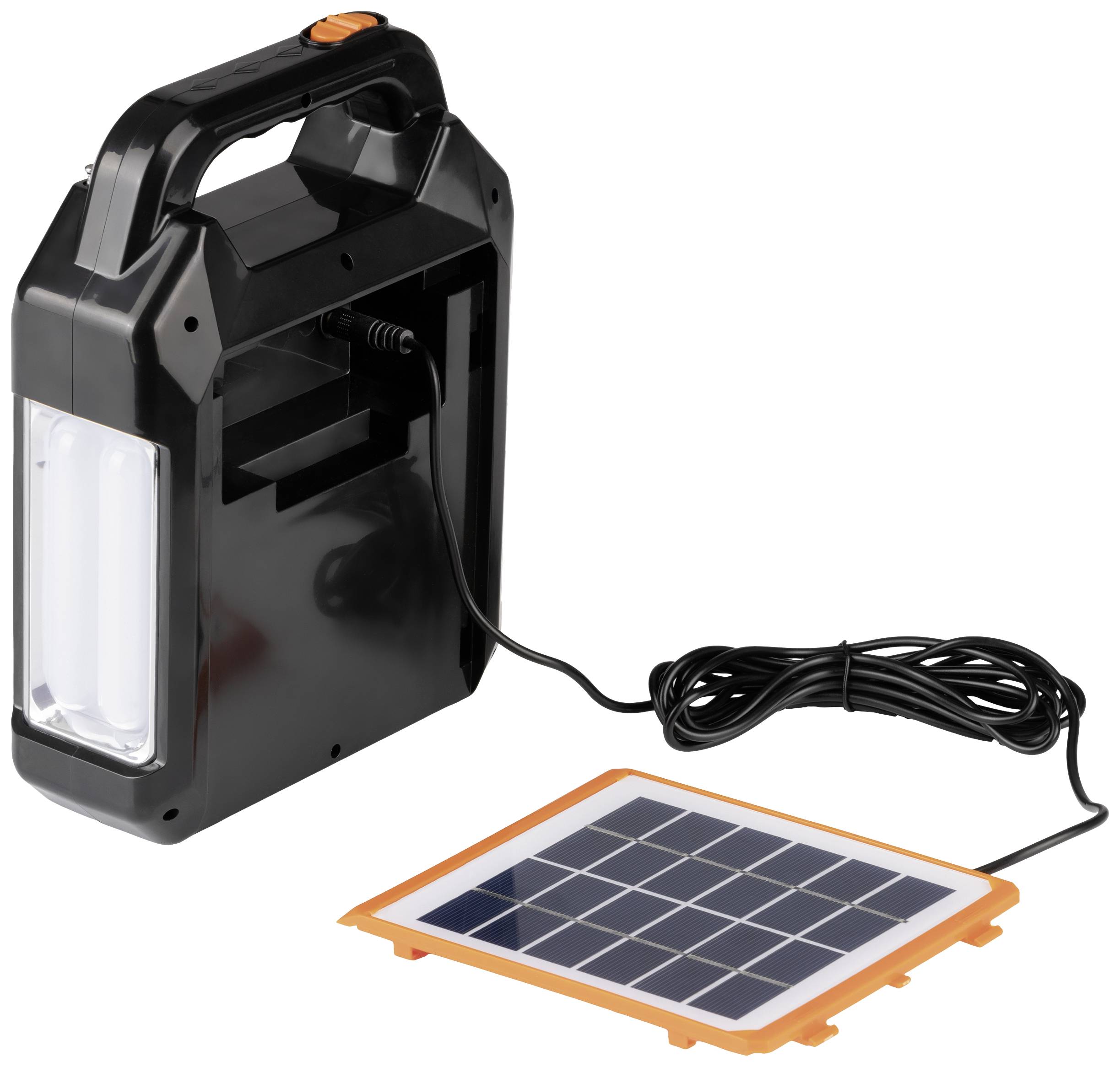 Soldriven lampa med solpanel och kabelanslutning, lämplig för nätoberoende belysning i utomhusområden.