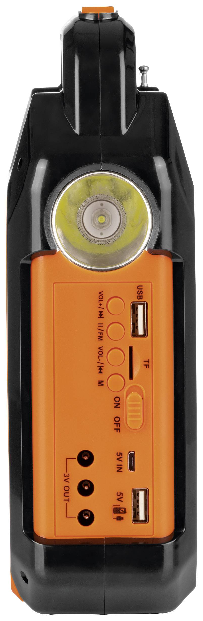 En bärbar, orange-svart enhet med en LED-lampa överst och flera anslutningar och knappar på framsidan, inklusive USB-portar.