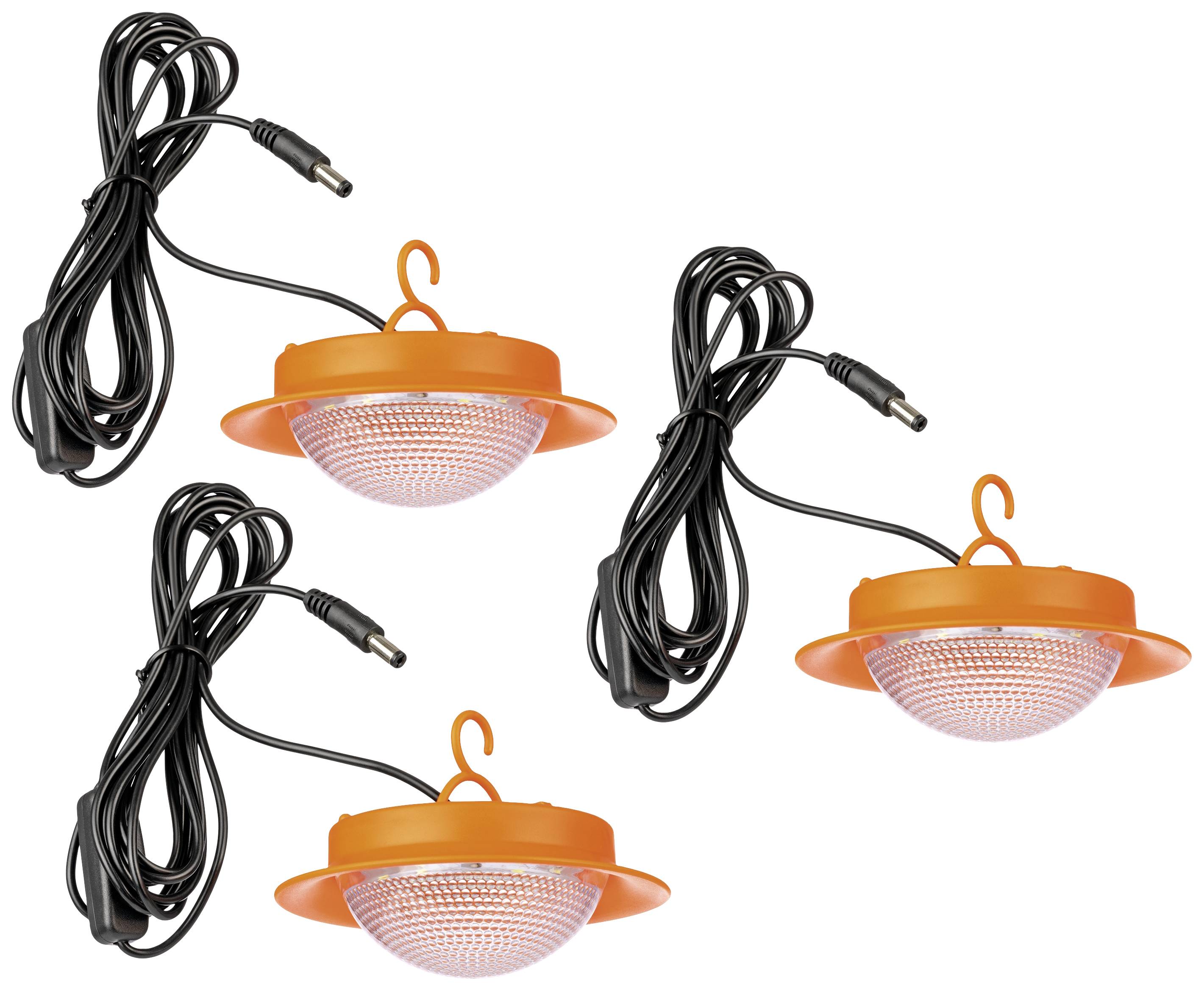 Fyra orangefärgade LED-lampor med svarta kablar, lämpliga för belysning eller dekoration. Varje lampa har en krok för upphängning.