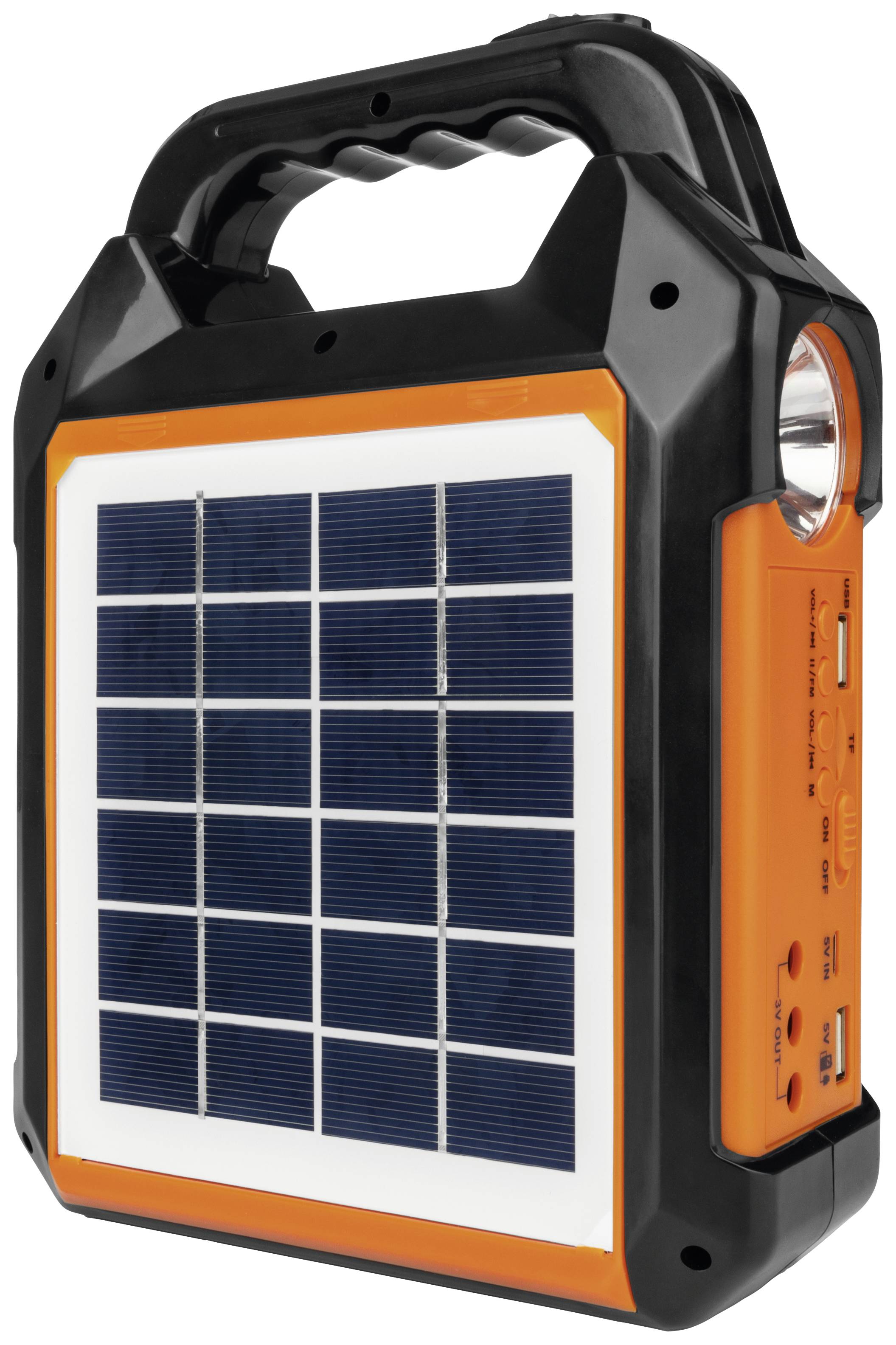 Bärbar sollampa med integrerad solpanel och handtag, laddningsportar på sidan och ficklampa, perfekt för utomhusaktiviteter.