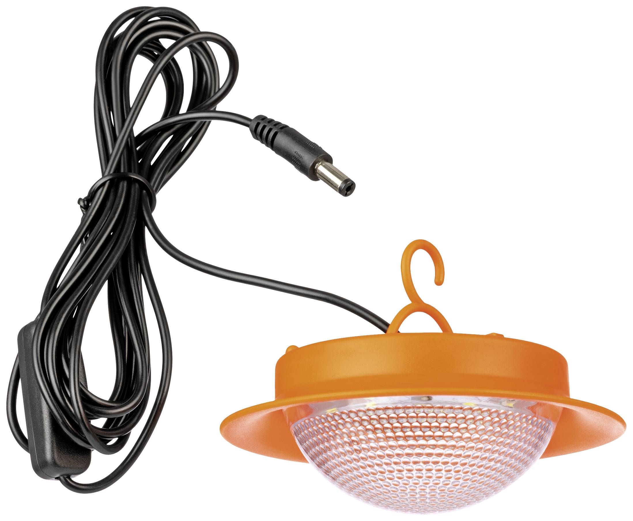 Orange LED-lampa med svart kabel och krok, lämplig för camping eller utomhusaktiviteter.