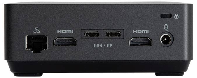 Kompakt svart enhet med anslutningar: Ethernet, två HDMI, två USB/DP, strömuttag. Lämplig för ljud- och videoanslutningar.