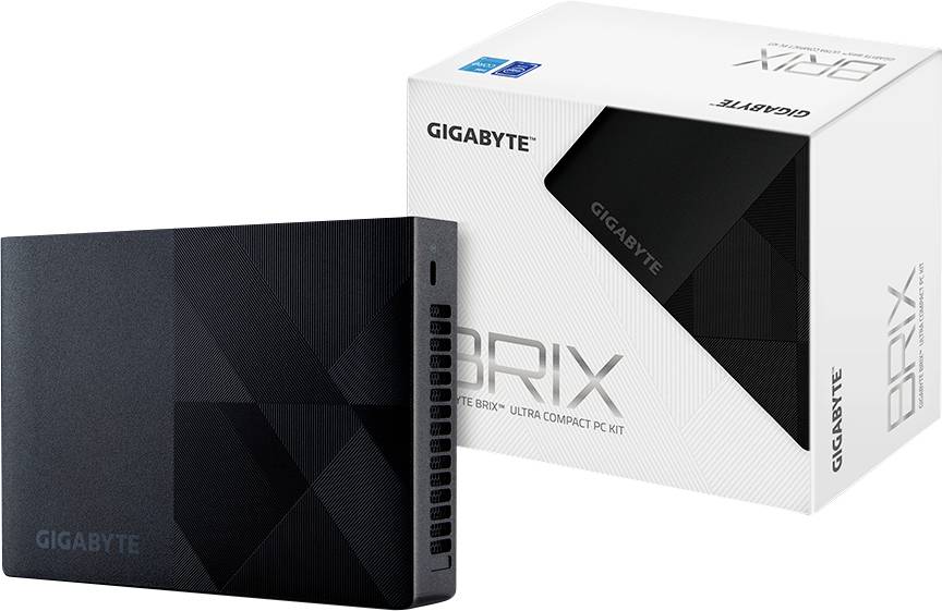 Kompakt svart PC från Gigabyte framför sin förpackning. Förpackningen visar modellnamnet 'BRIX'.
