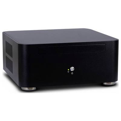 En svart, rektangulär mini-PC med avrundade hörn, en frontknapp och en liten statuslampa, står på en vit bakgrund.