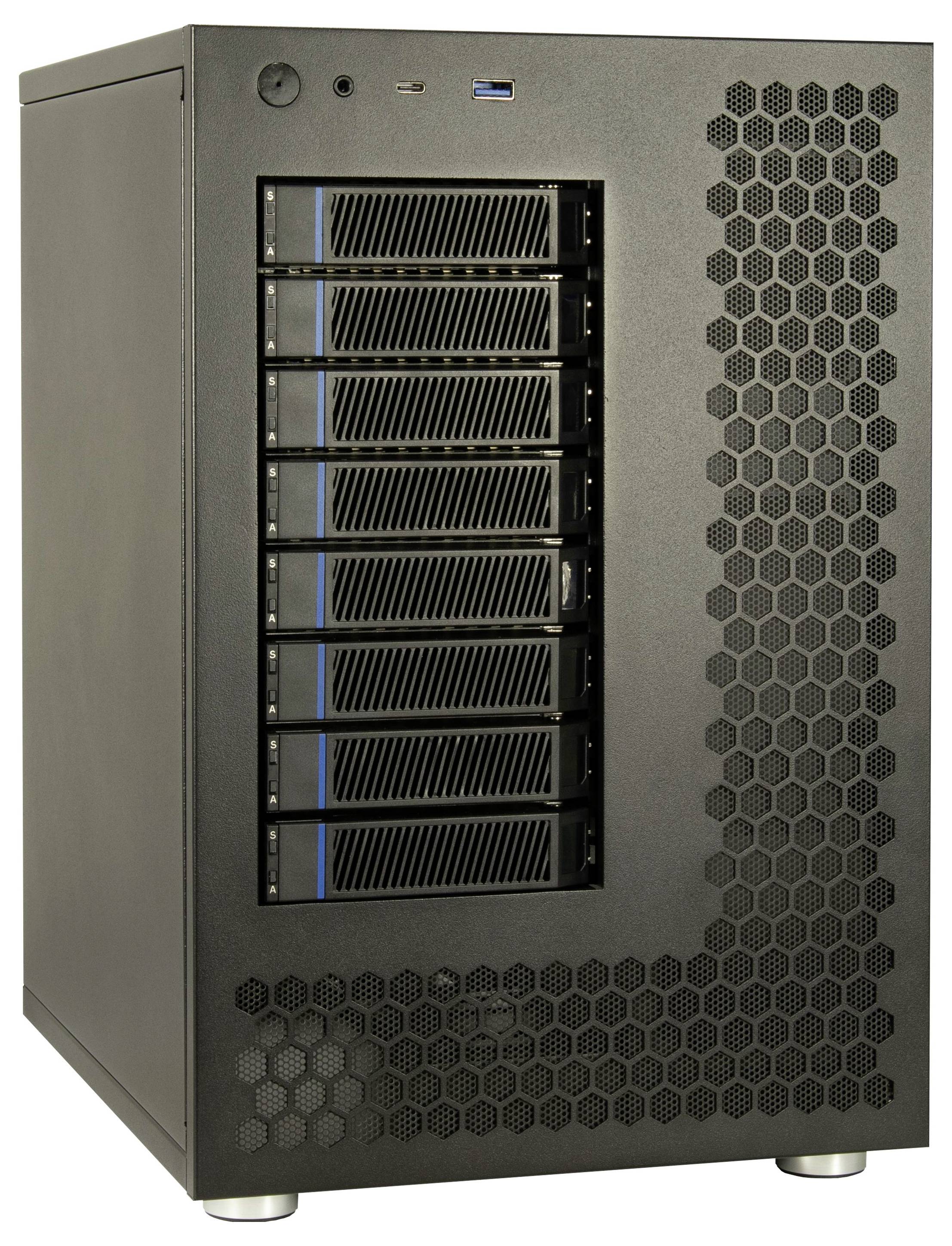 En svart datorserver med flera hårddiskhål och ett gallernätsmönster på sidan.