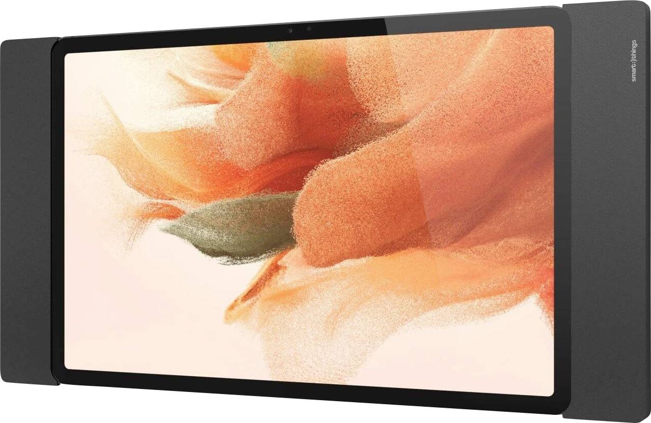 En svart digital fotoram med högtalare på sidorna visar ett abstrakt, orangefärgat konstverk på skärmen.